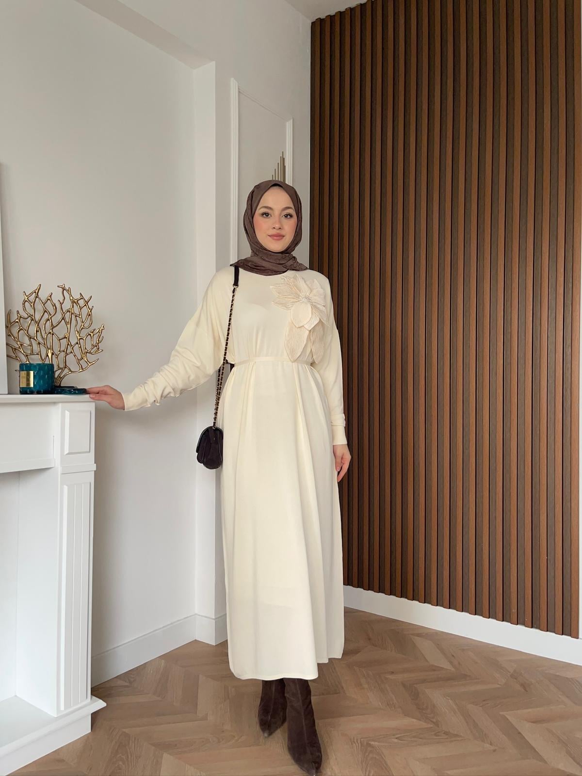 İdil Floral Merserized Dress Beige