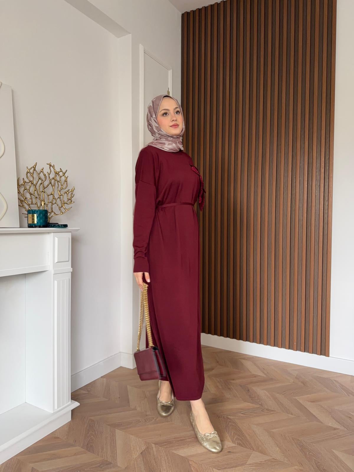 İdil Floral Merserized Dress Burgundy
