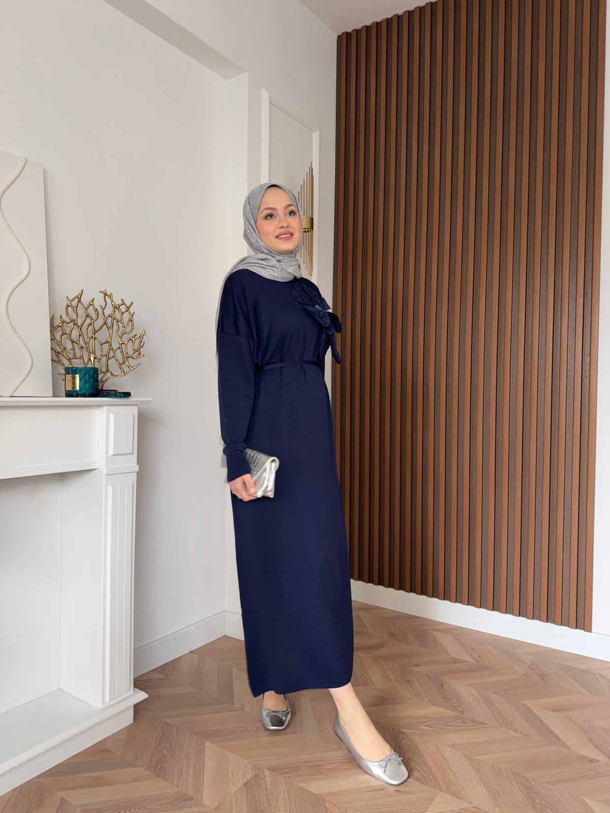 İdil Floral Merserized Dress Navy