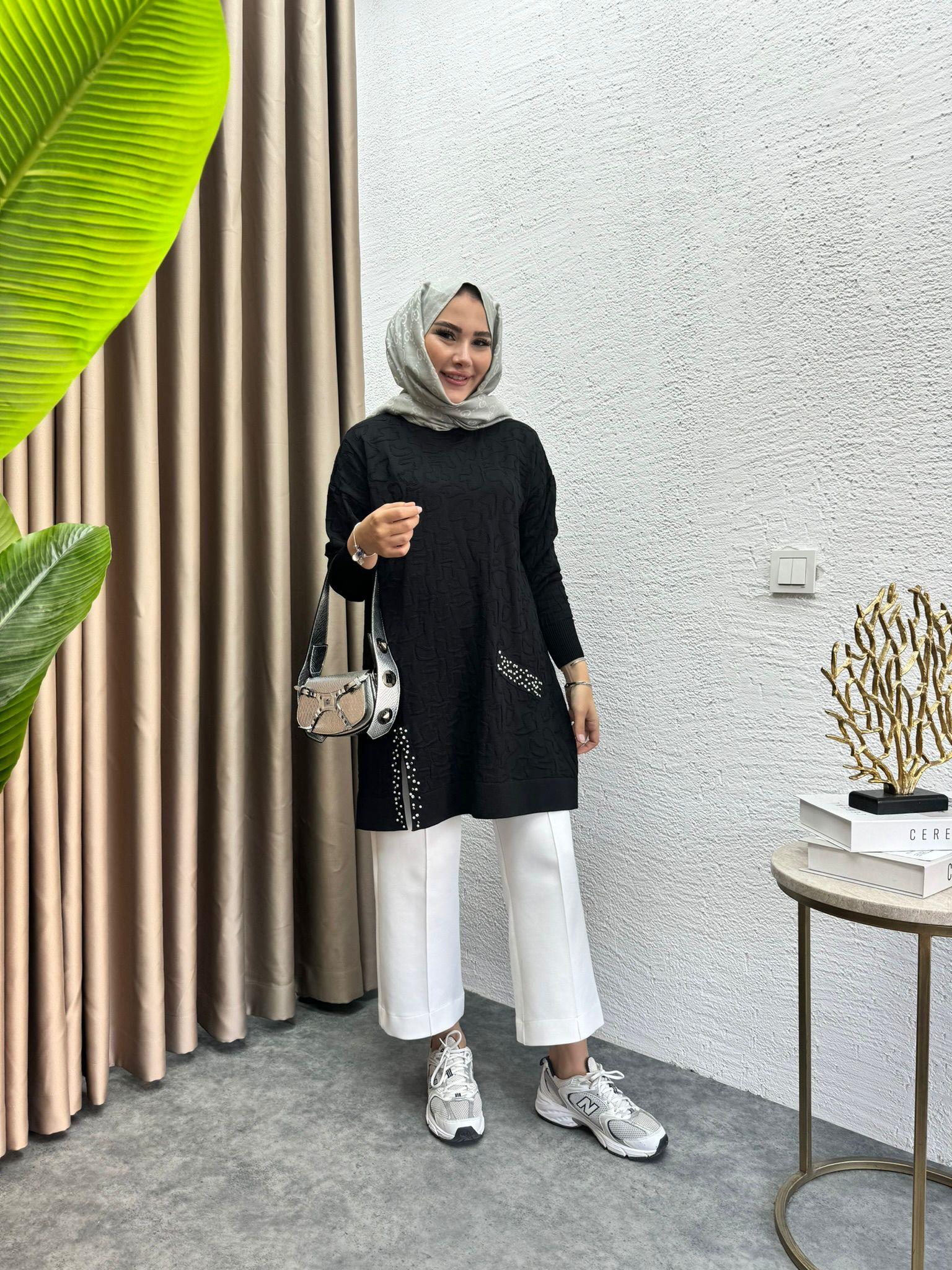 Pearl Embroidered Merserized Tunic Black