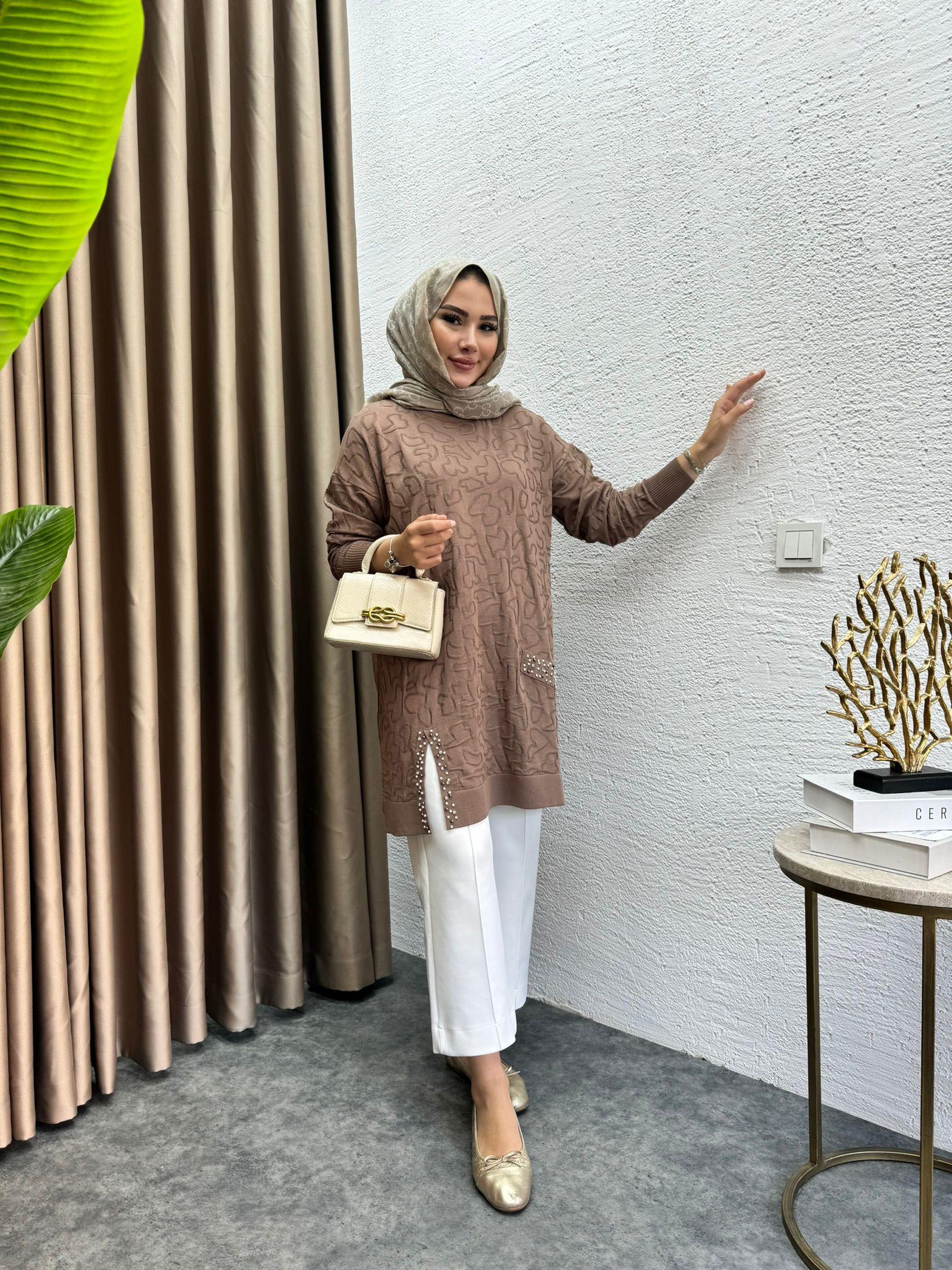 Pearl Embroidered Merserized Tunic Brown