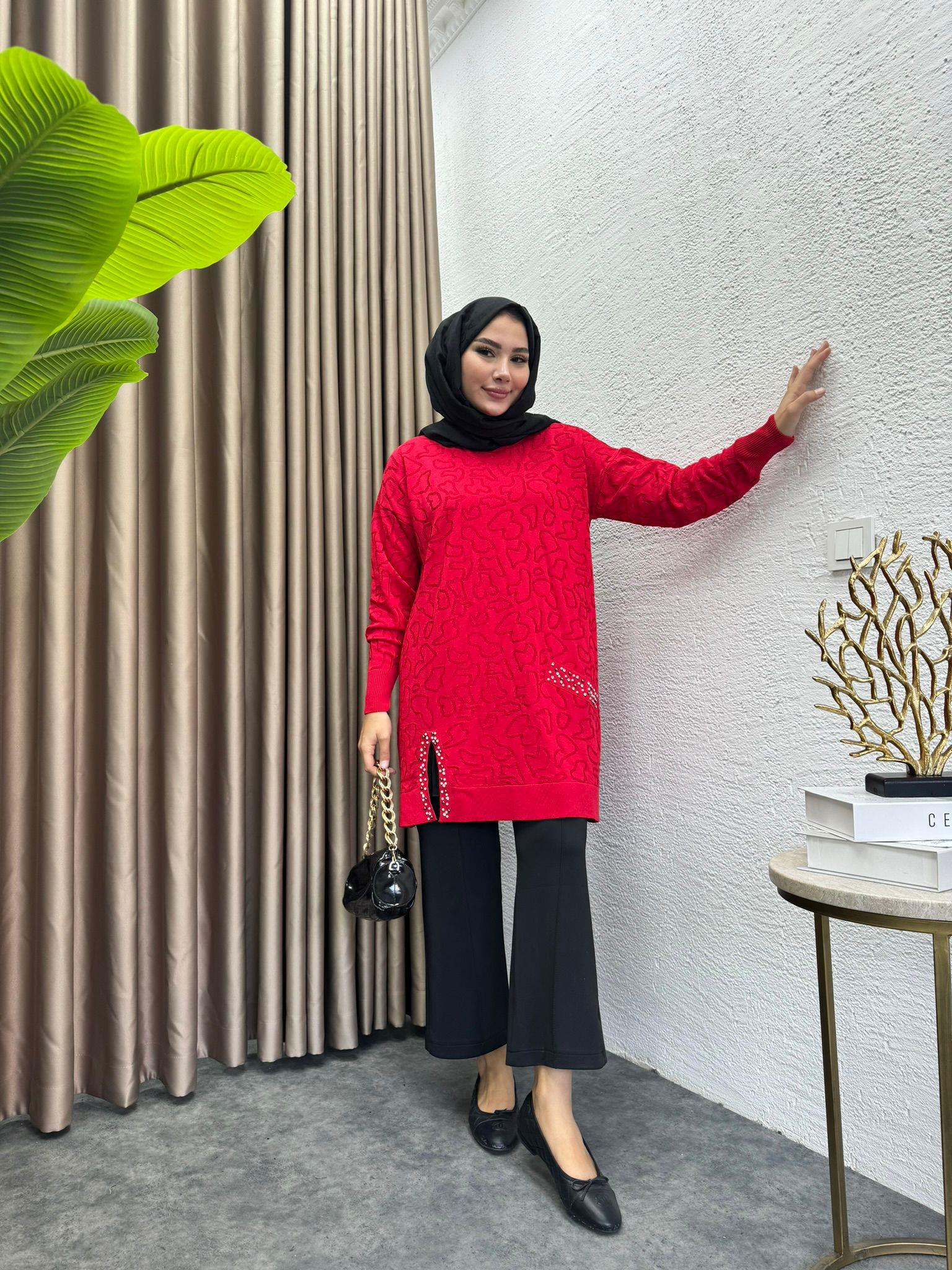 Pearl Embroidered Merserized Tunic Red