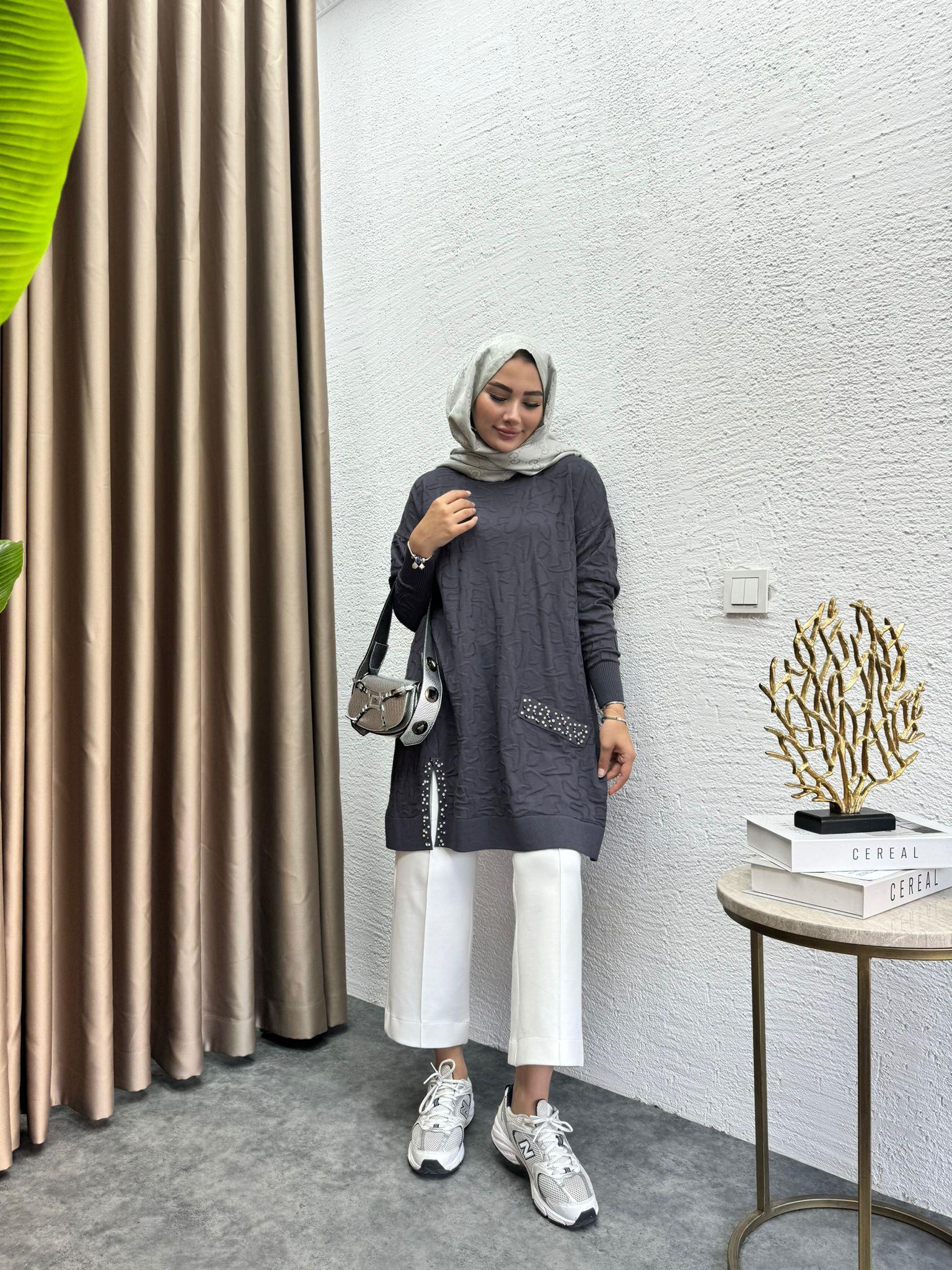 Pearl Embroidered Merserized Tunic Anthracite