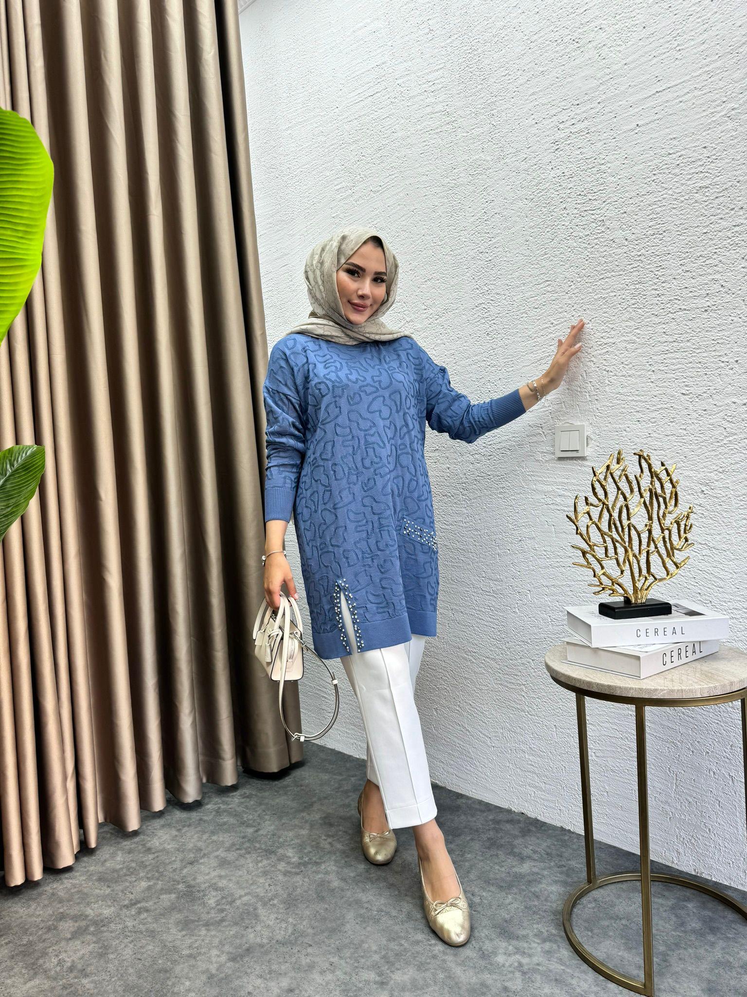 Pearl Embroidered Merserized Tunic Ingido Blue