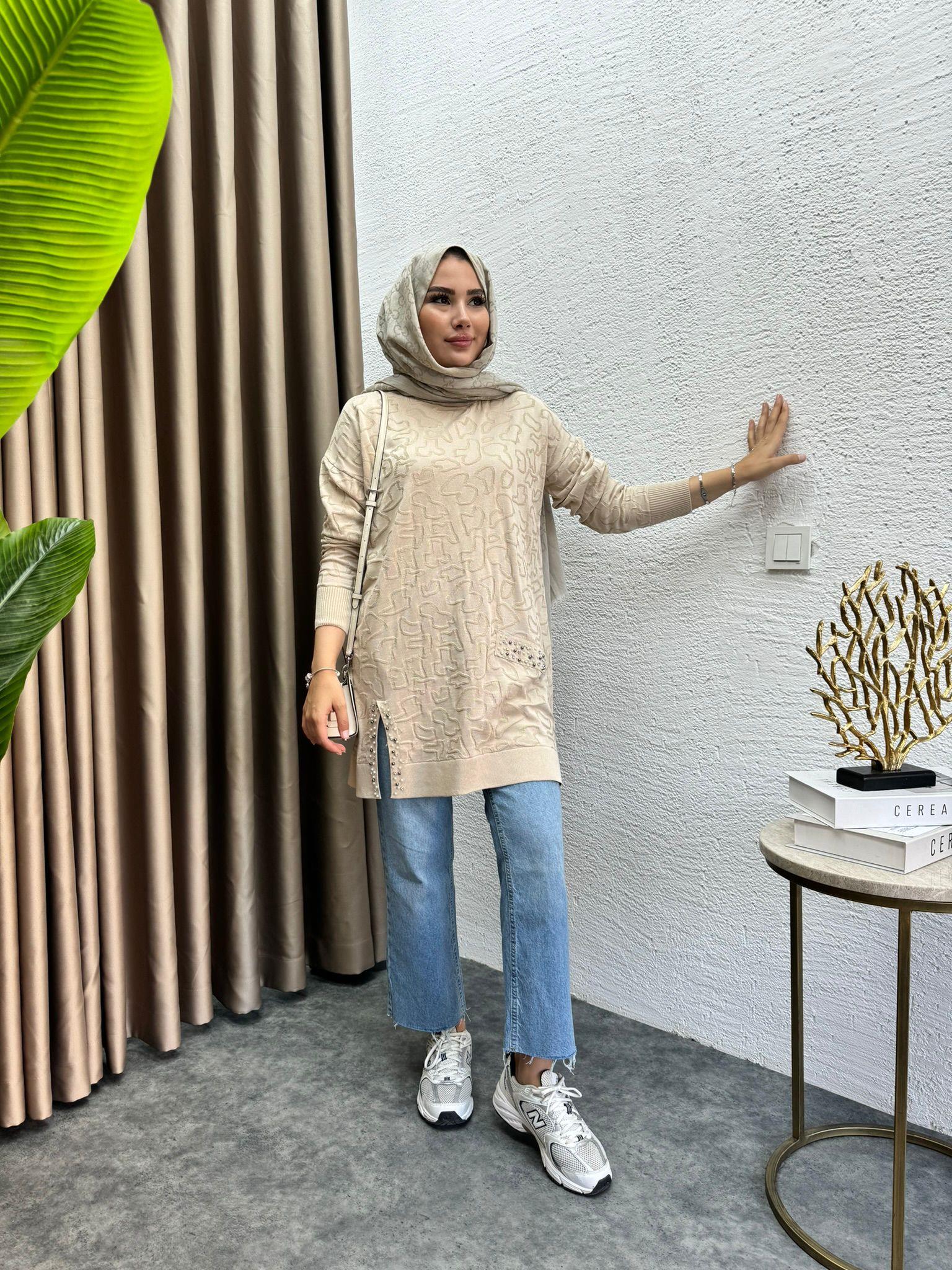 Pearl Embroidered Merserized Tunic Beige