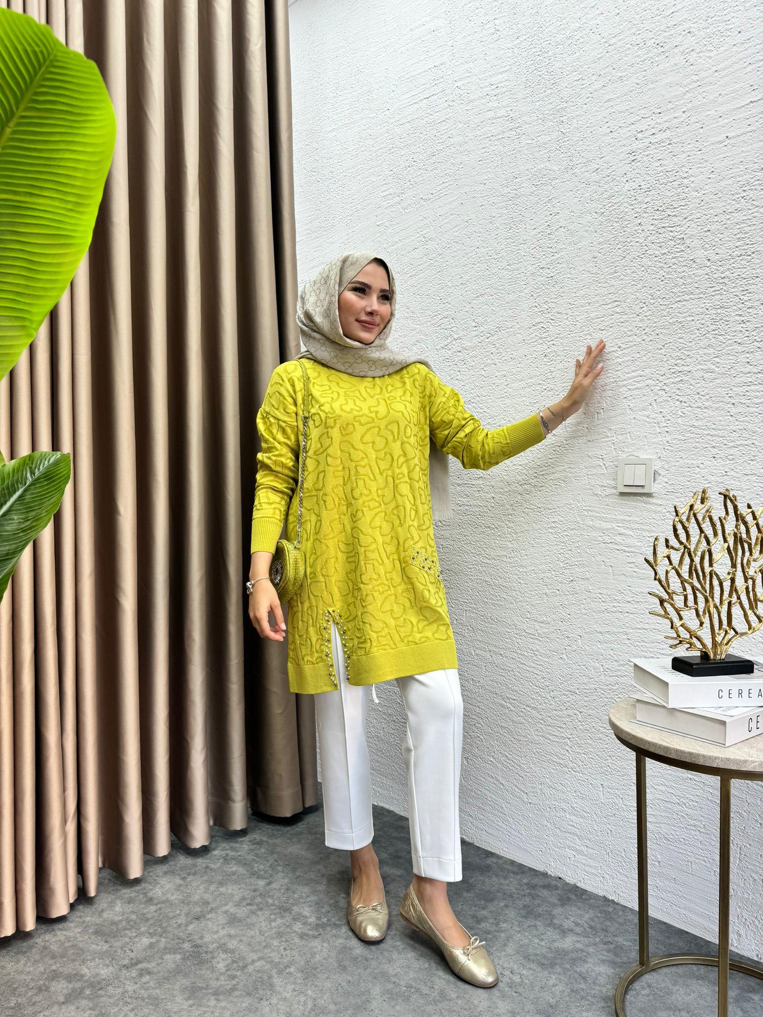 Pearl Embroidered Merserized Tunic Oil Green