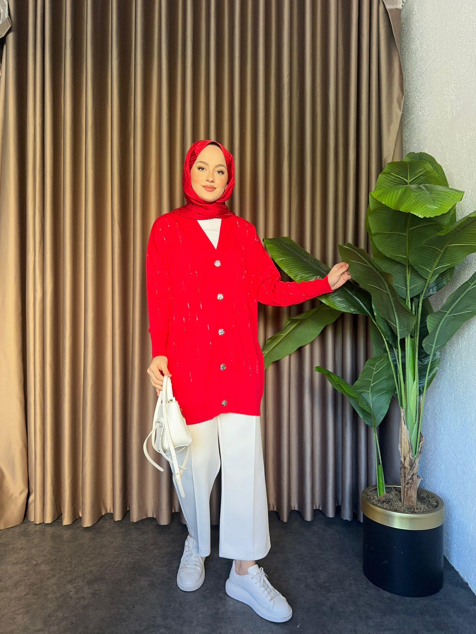 Shining Merserized Cardigan Red