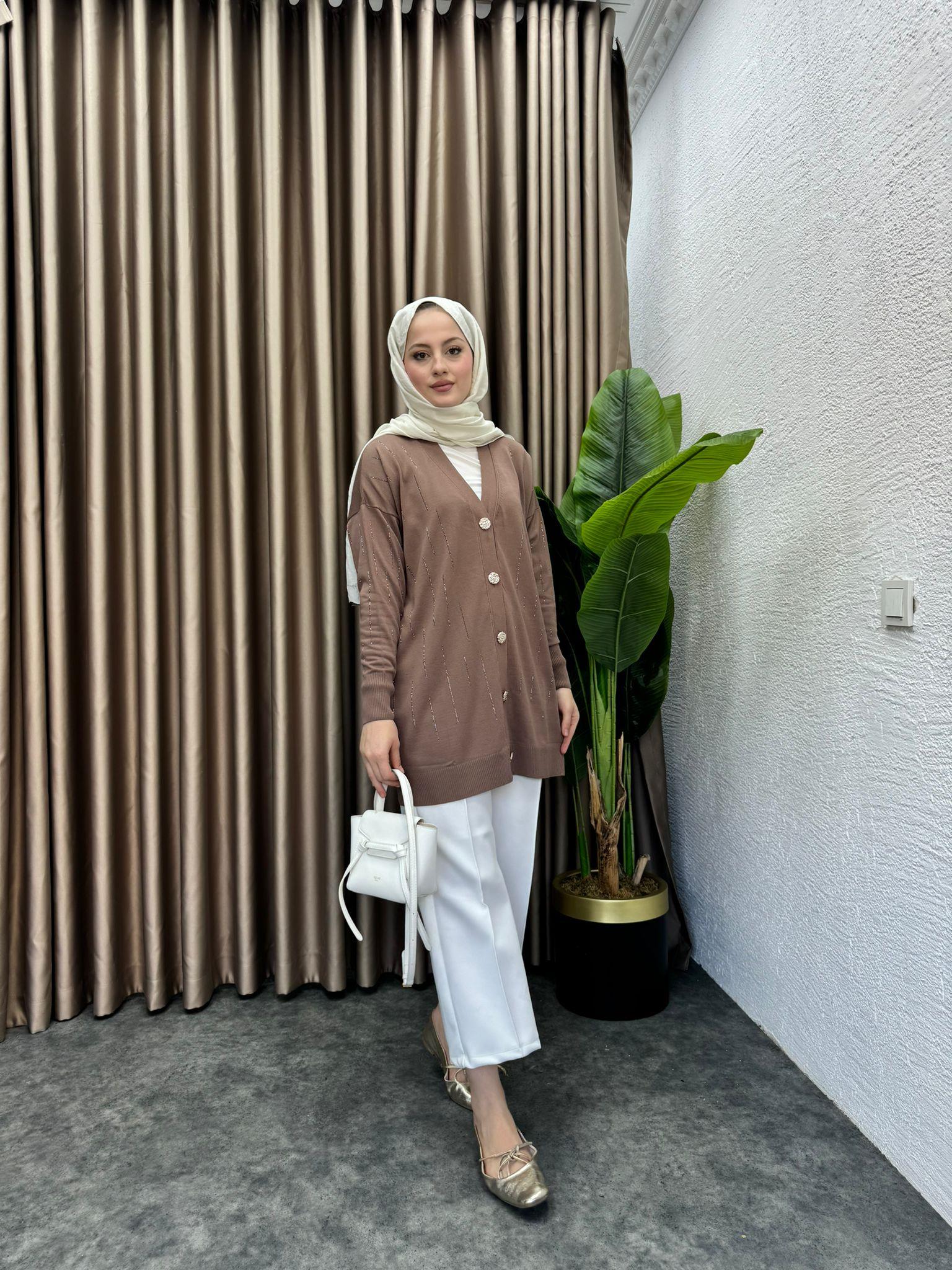MEYSADESIGN MERSERİZE Işıltılı Merserine Hırka Kahve