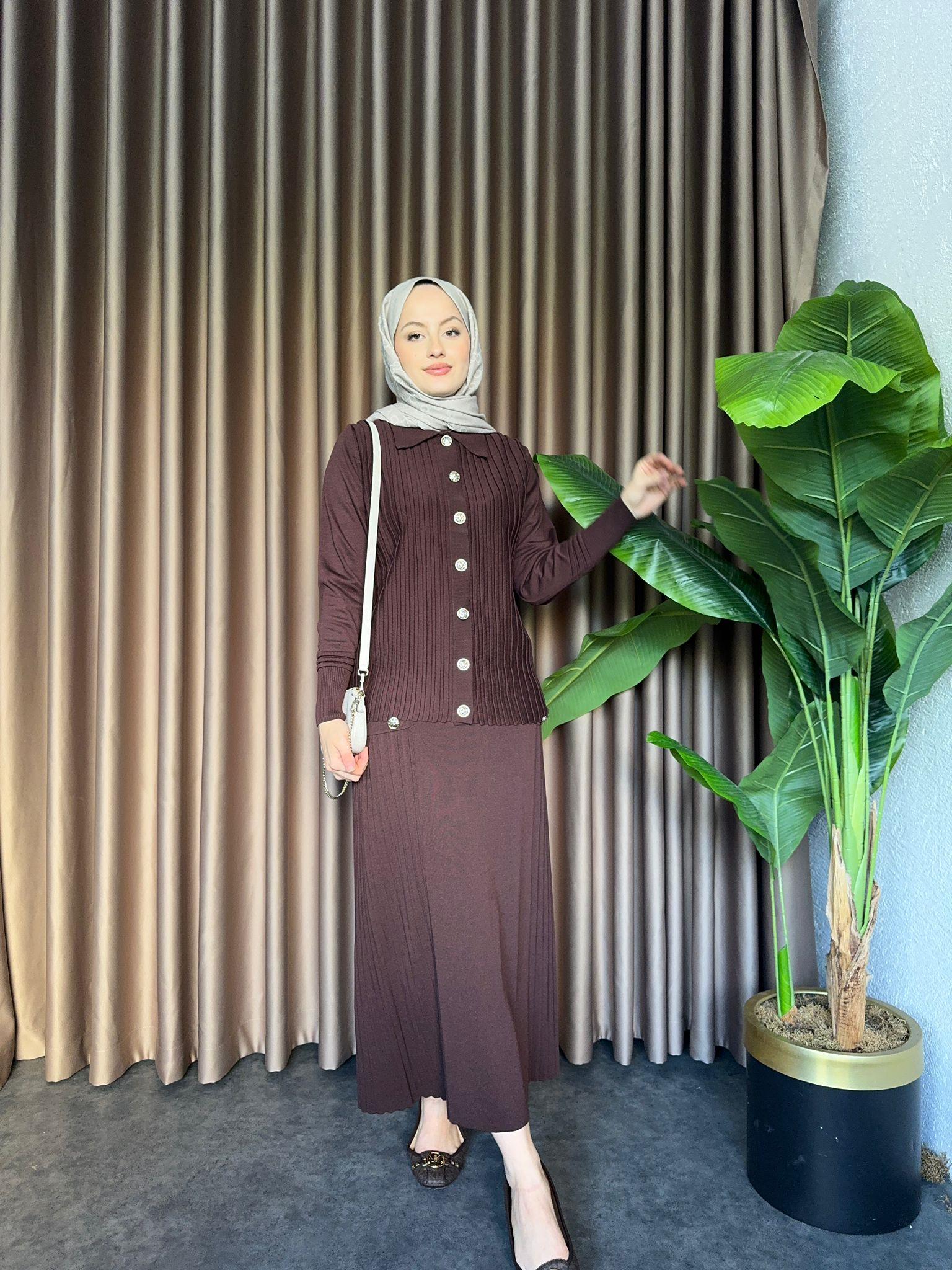 Lüx Gold Buttoned Merserized Skirt Set Brown