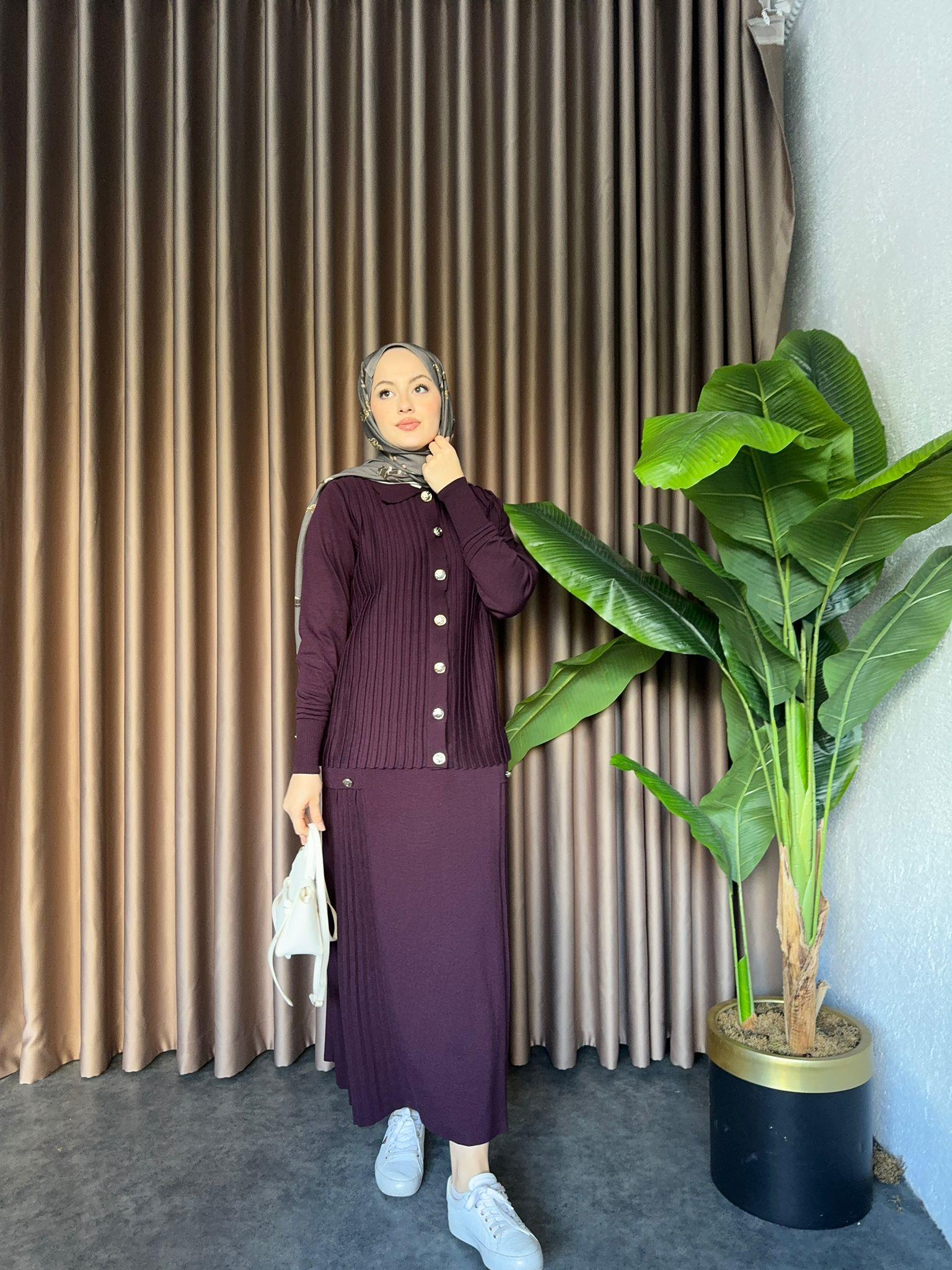 Lüx Gold Buttoned Merserized Skirt Set Plum