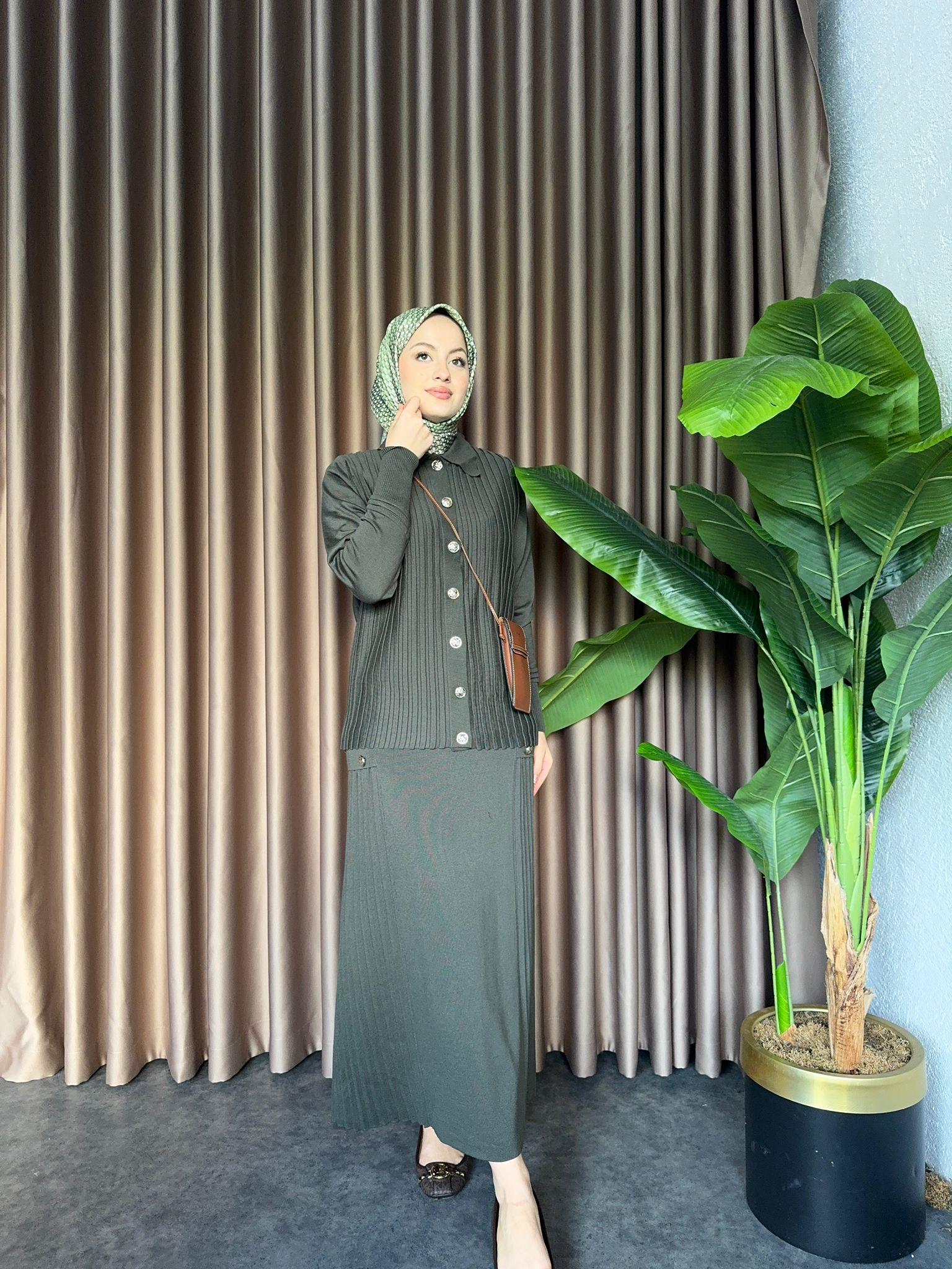 Lüx Gold Buttoned Merserized Skirt Set Khaki