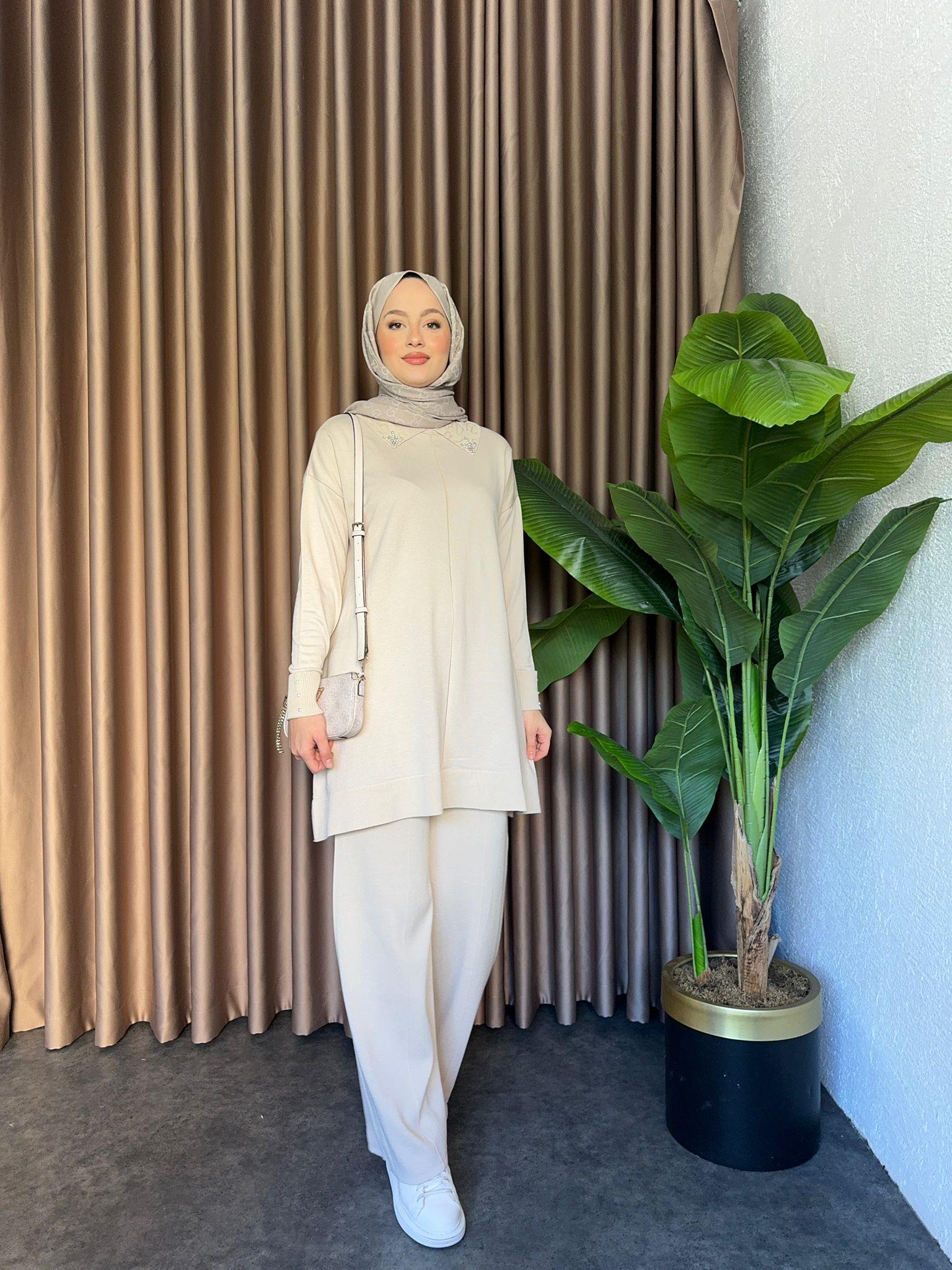 Embellished Merserized Knit 2-Piece Set Beige