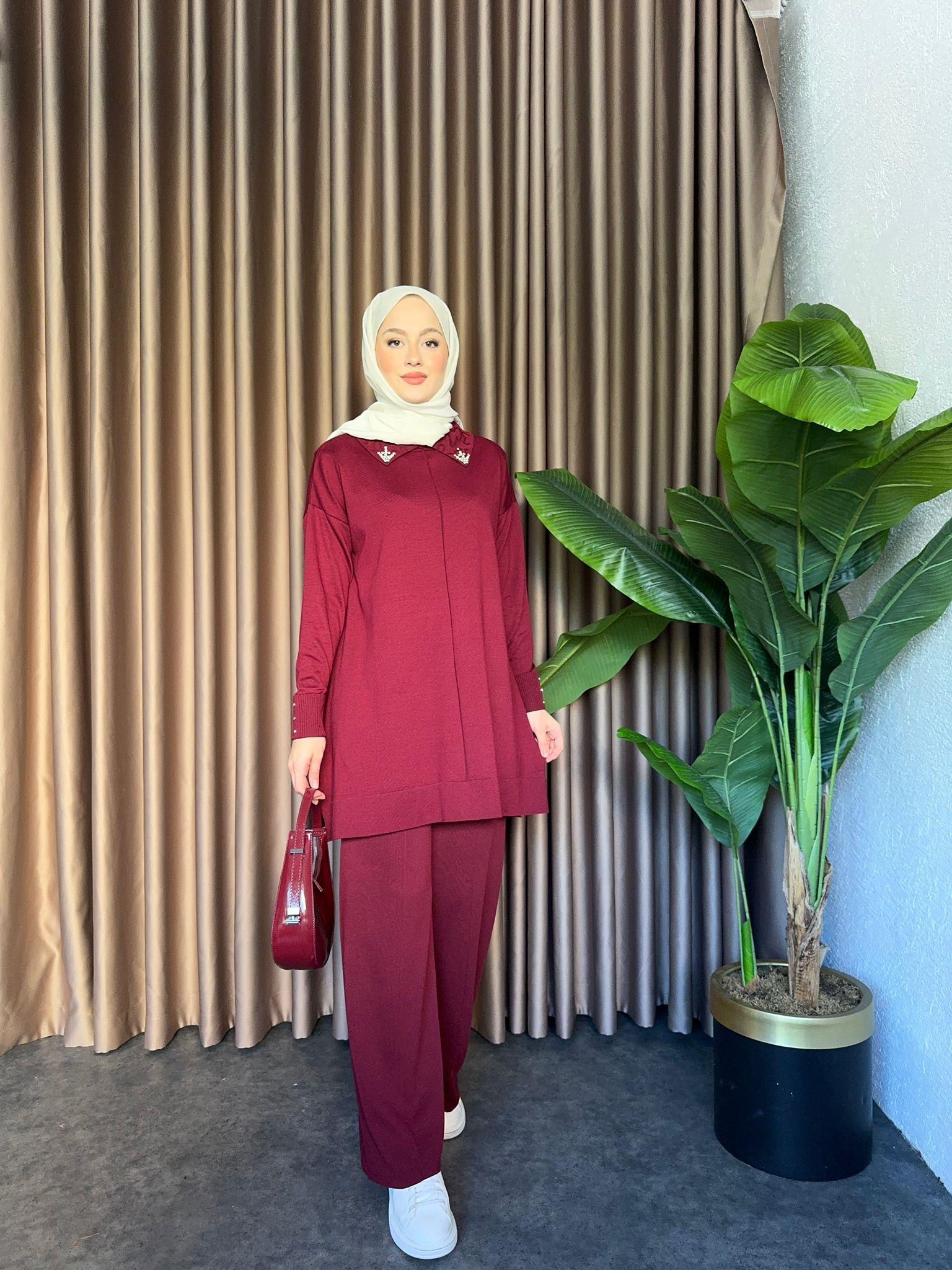 Embellished Merserized Knit 2-Piece Set Burgundy