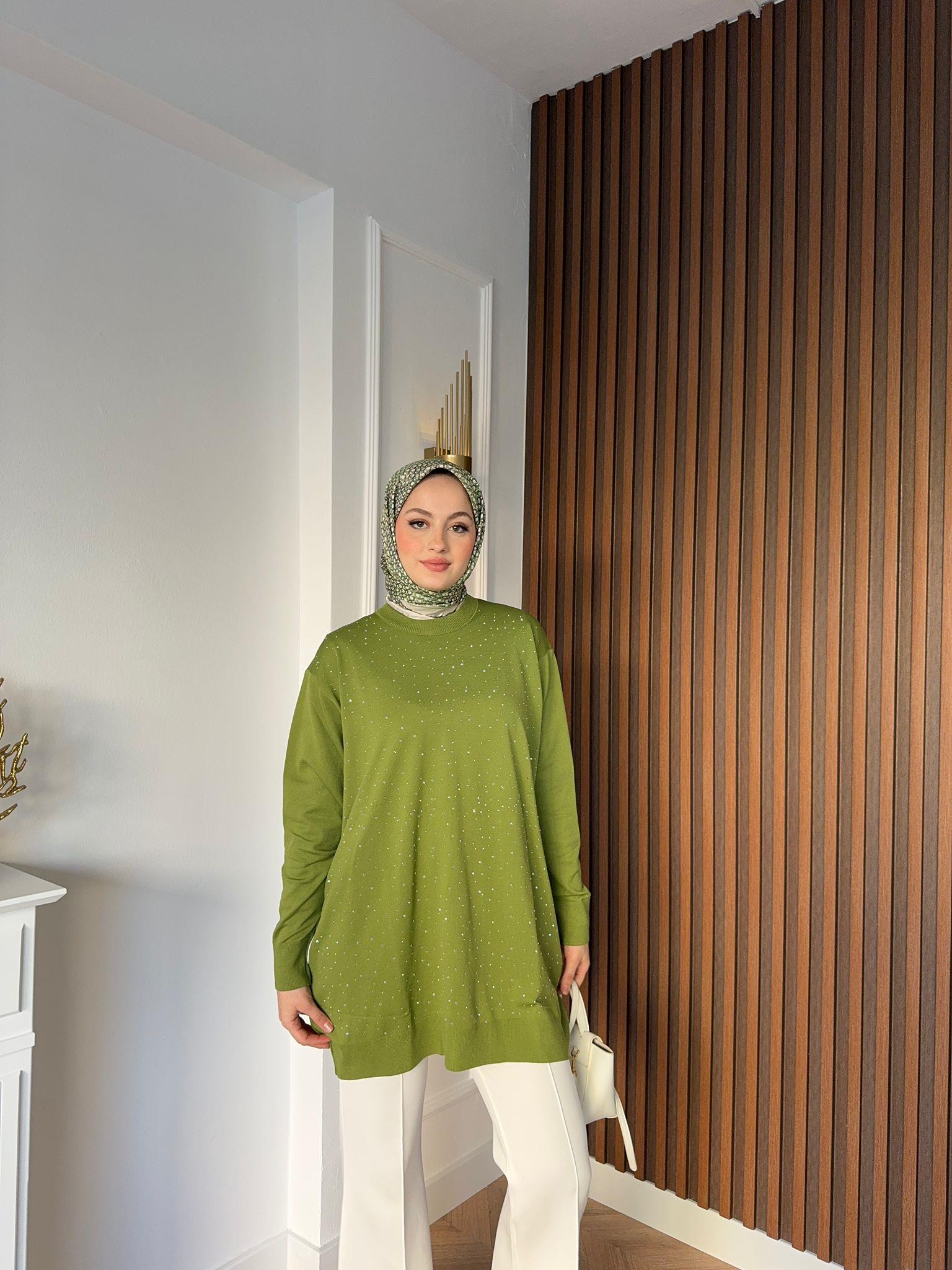 Beige Printed Merserized  Tunic Fıstık Green
