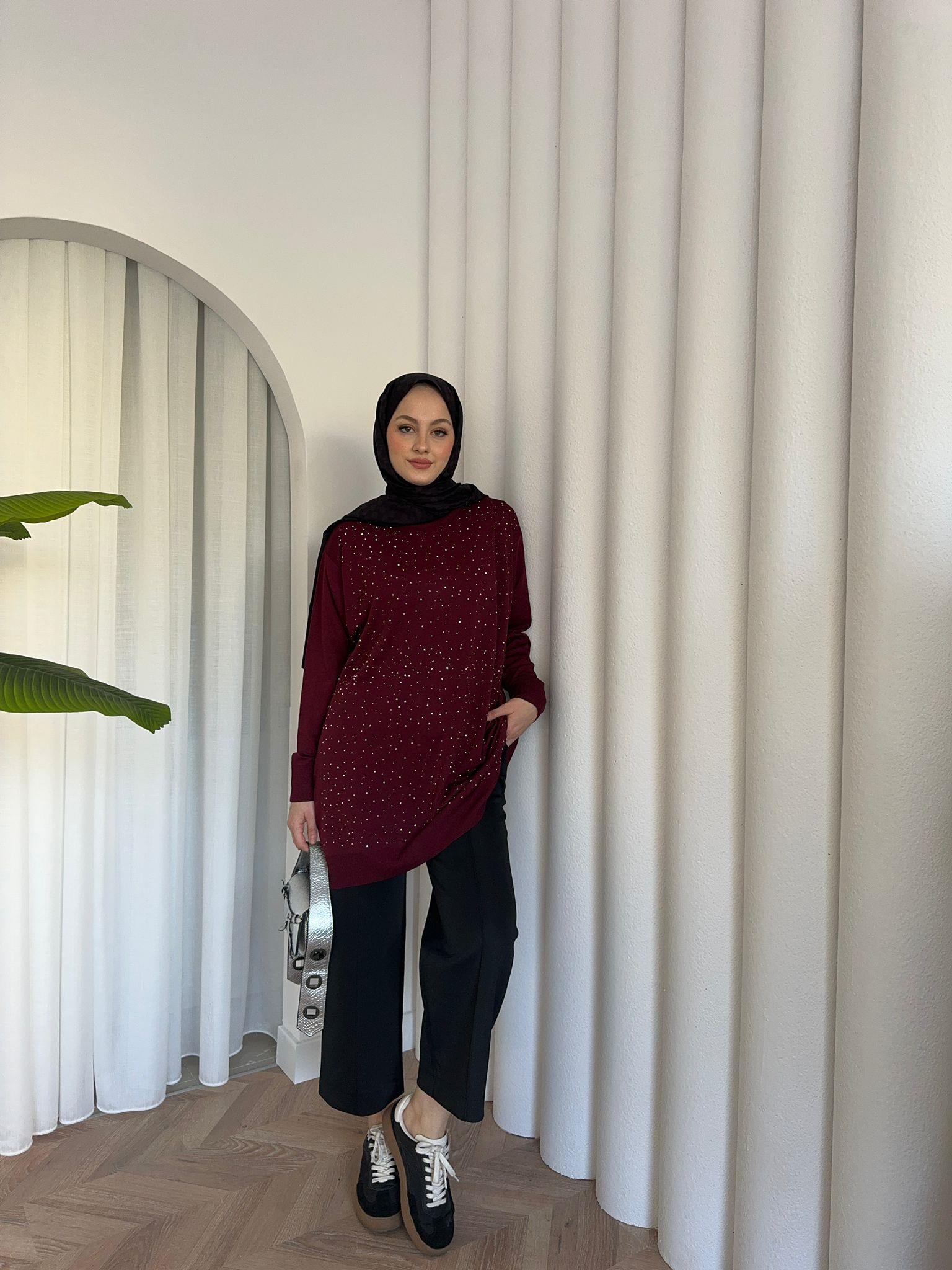 Beige Printed Merserized  Tunic Burgundy