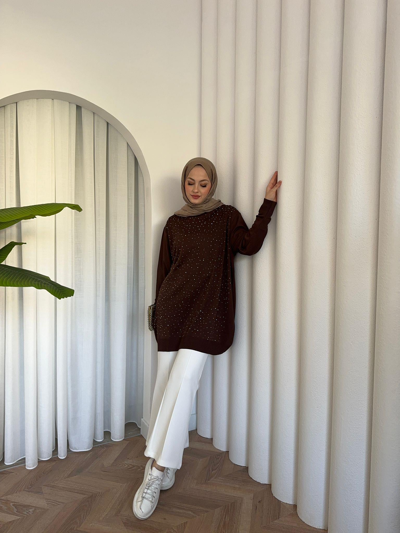 Beige Printed Merserized  Tunic Brown