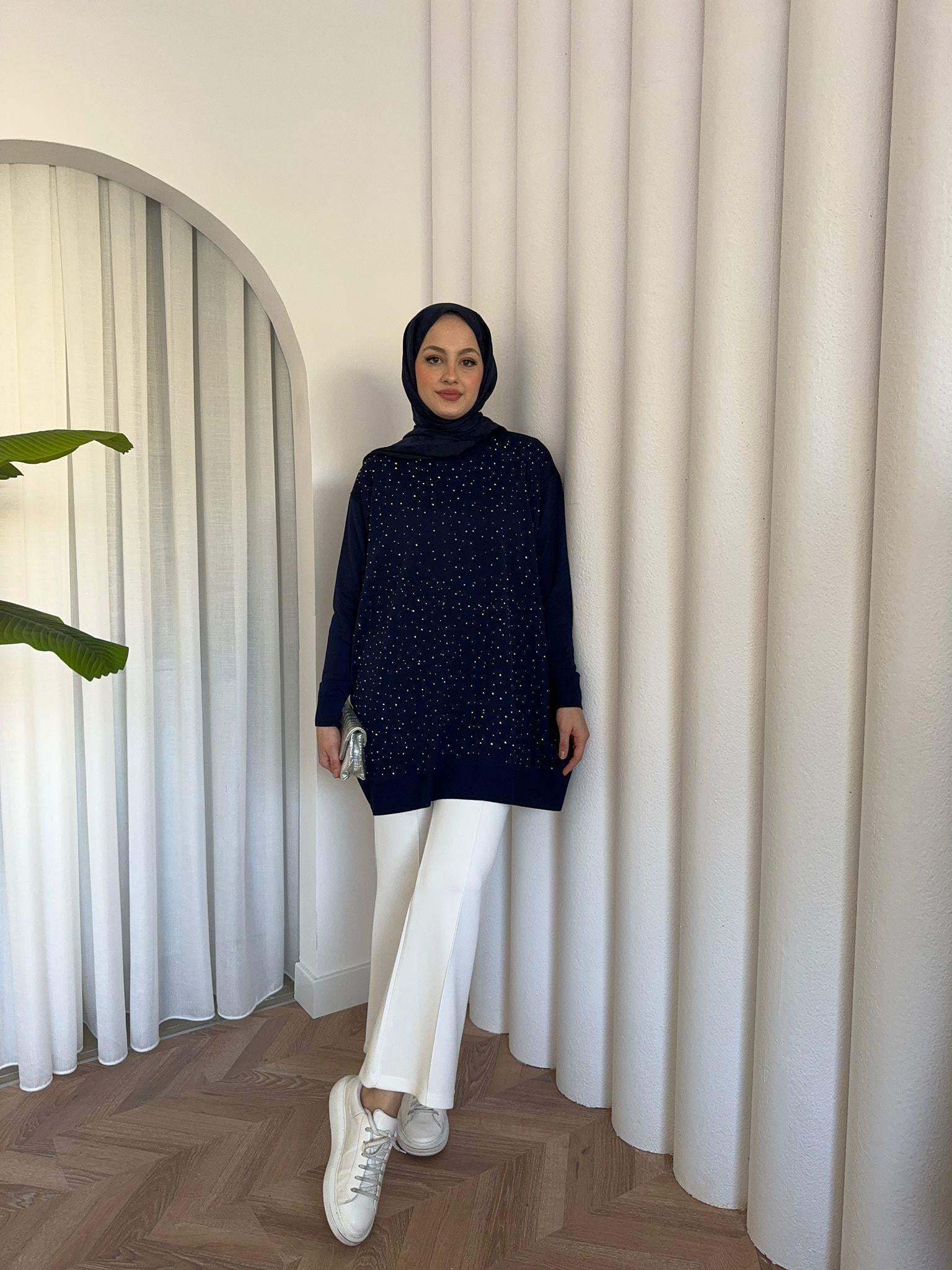 Beige Printed Merserized  Tunic Navy