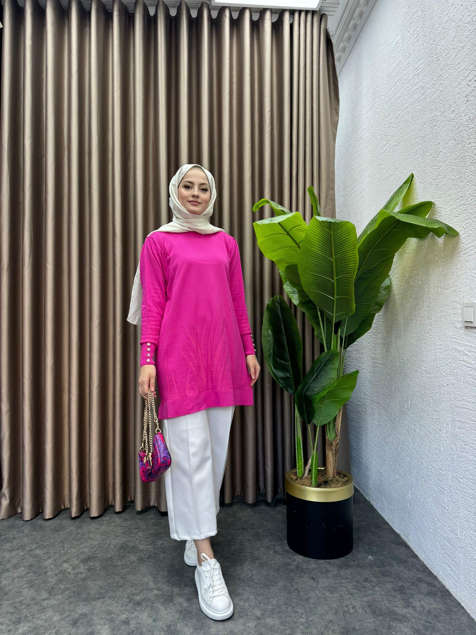 Leaf Pattern Merserized Sweater Fuchsia