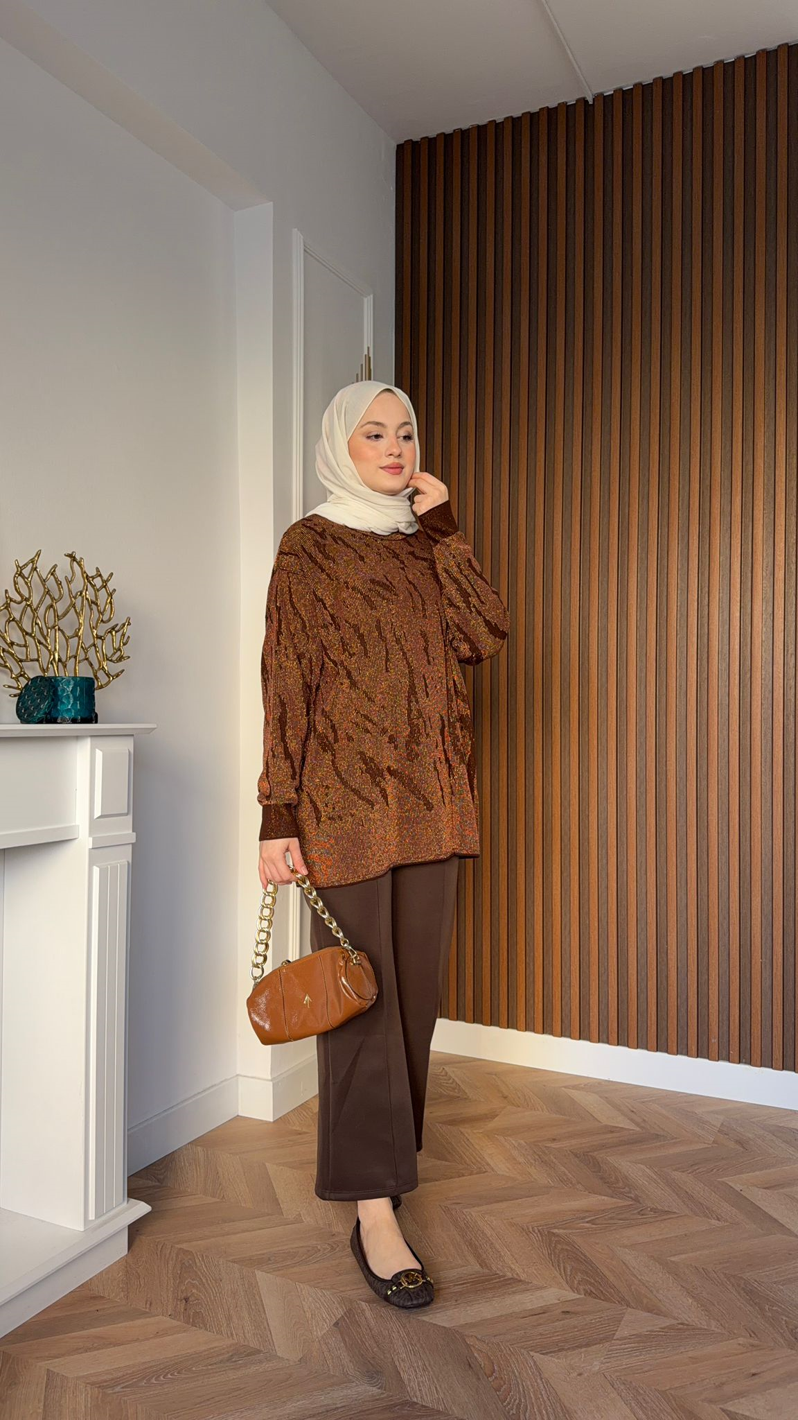 MEYSADESIGN MERSERIZED Zebra Desenli Simli Merserize Tunik Acı Kahve