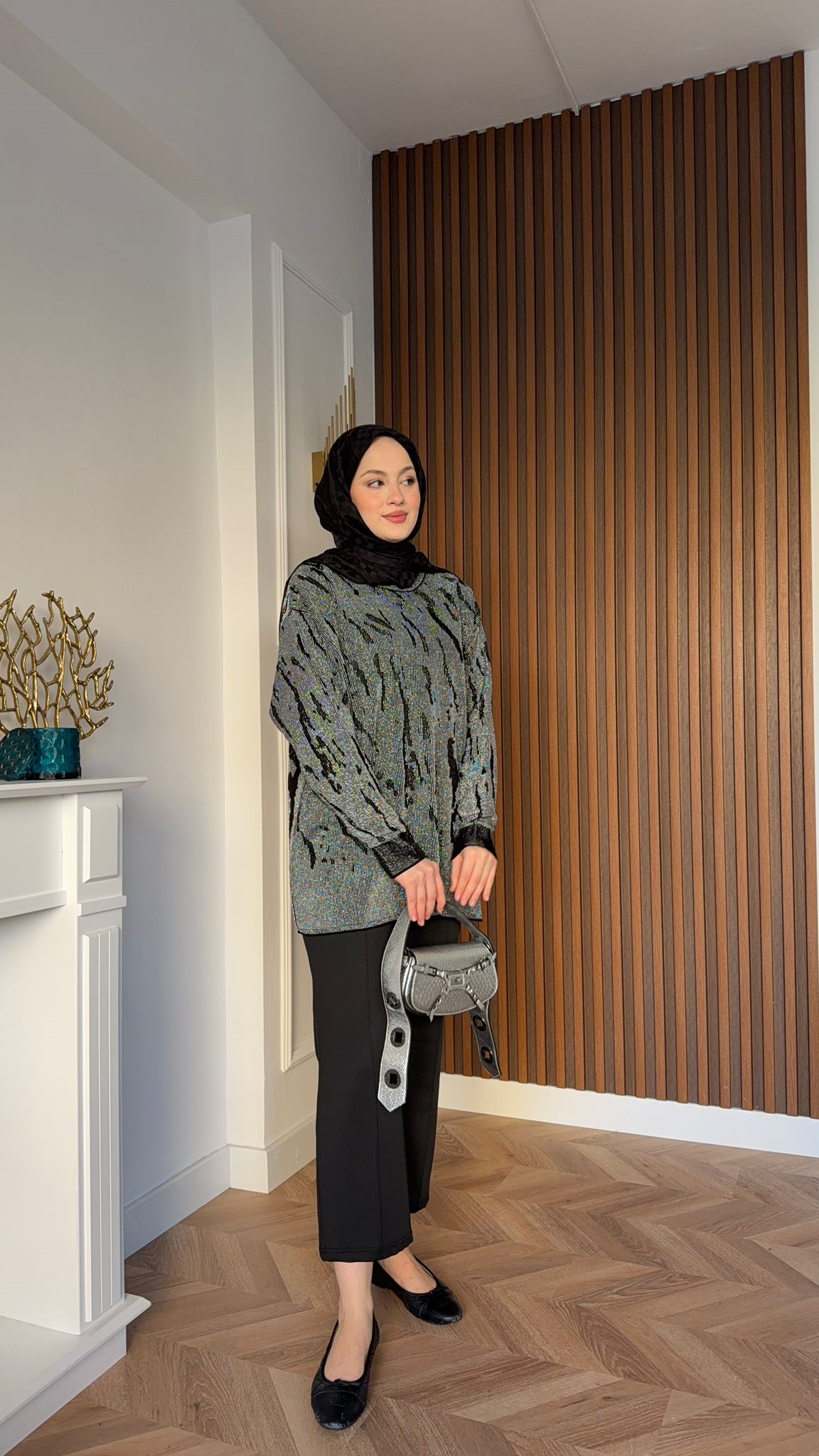 MEYSADESIGN MERSERIZED Zebra Desenli Simli Merserize Tunik Siyah