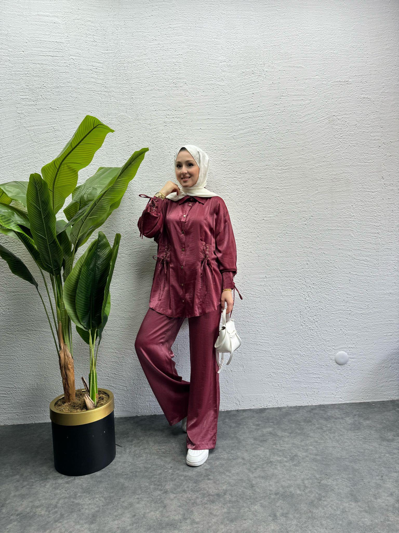MEYSADESIGN PANTOLON TAKIM Bağcıklı Pantolonlu Takım Bordo