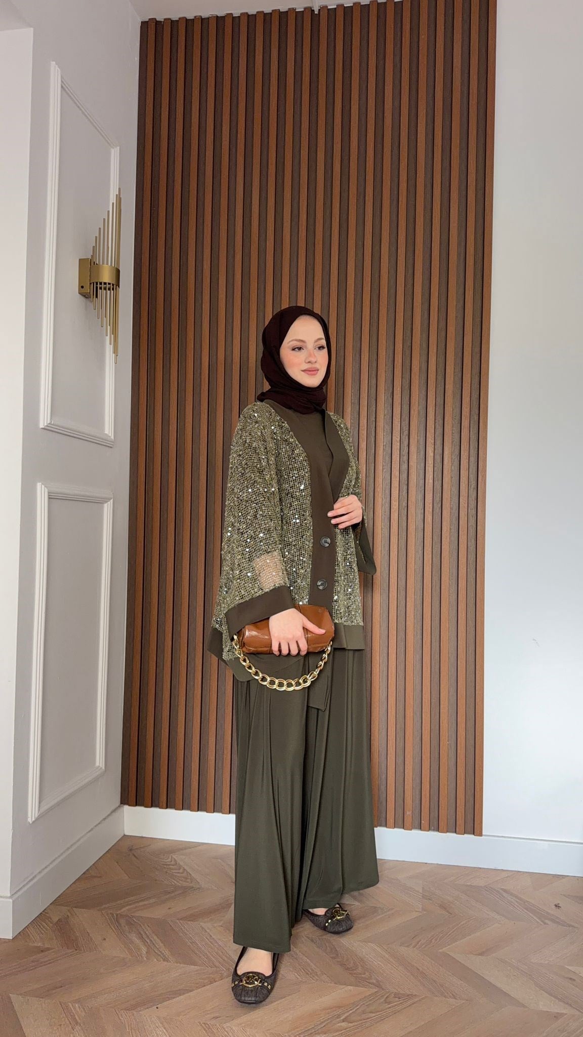MEYSADESIGN PANTOLON TAKIM Becca Payetli Sandy Üçlü Takım Haki
