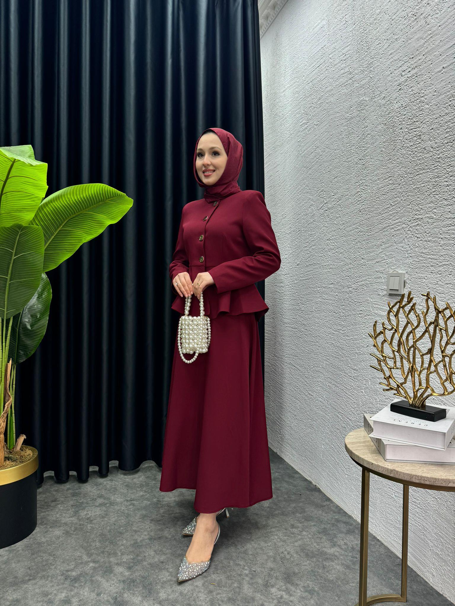 MEYSADESIGN PANTOLON TAKIM Bel Detaylı Krep Etekli Takım Bordo