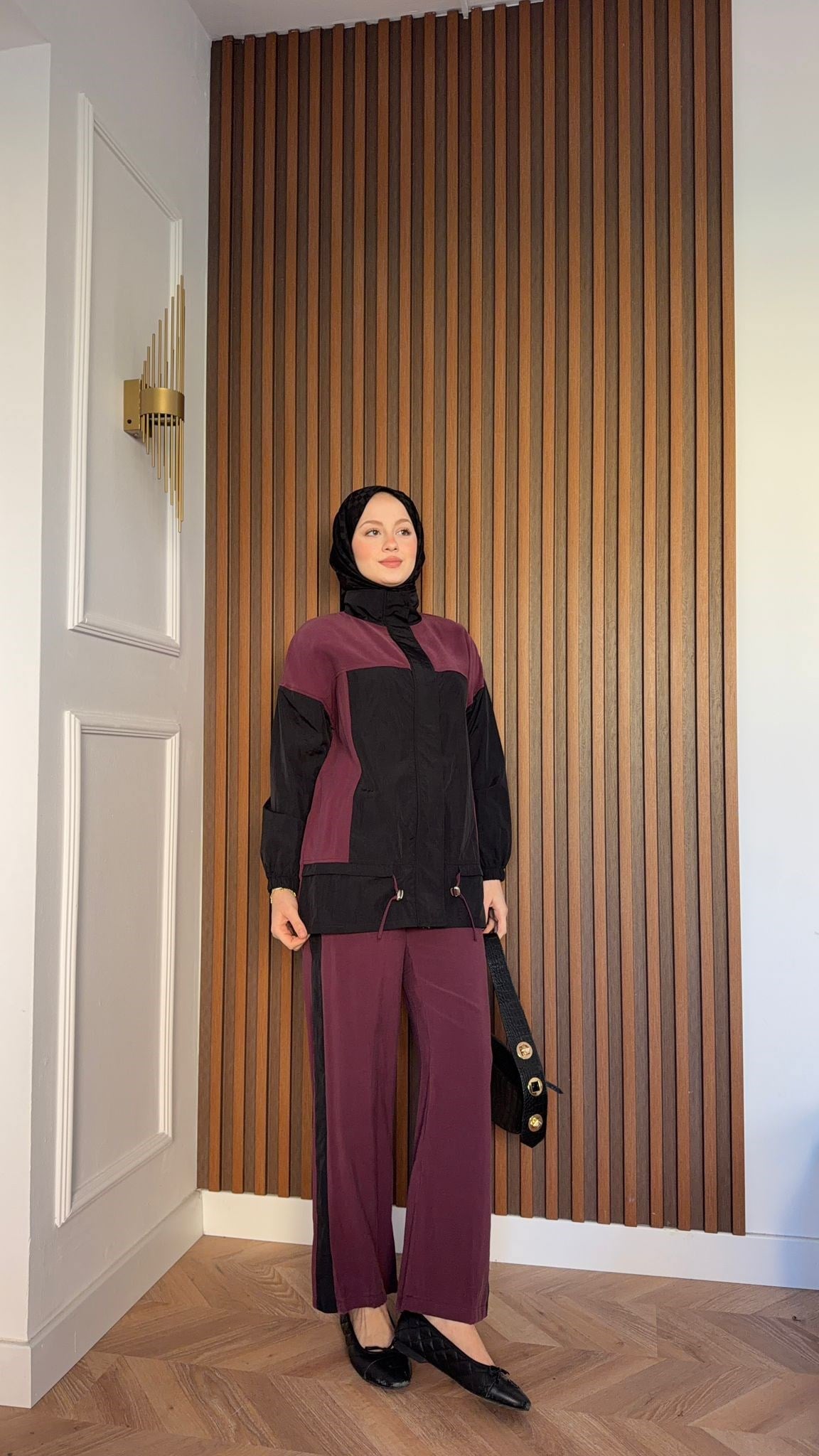 MEYSADESIGN PANTOLON TAKIM Bihter Nervürlü İkili Takım Bordo Siyah