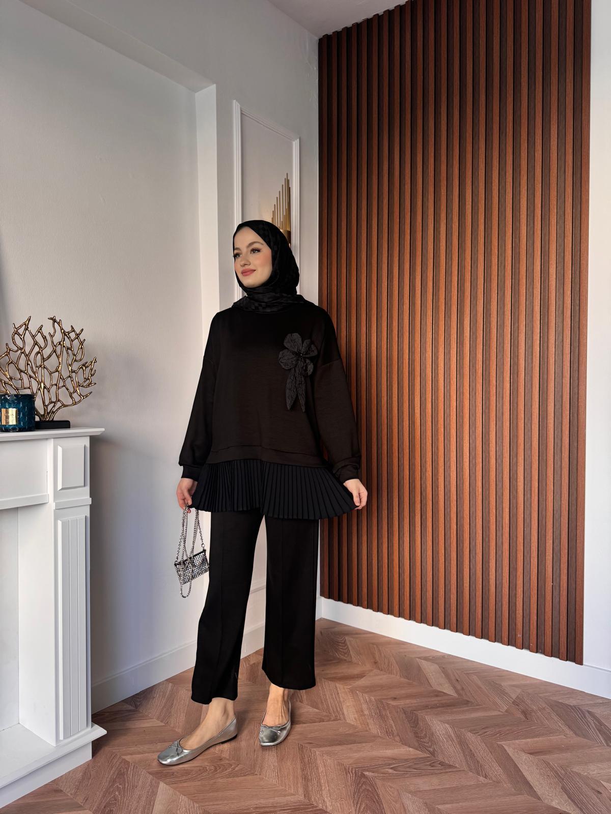 MEYSADESIGN PANTOLON TAKIM Çiçek İşlemeli Piliseli Oysh İkili Takım Siyah