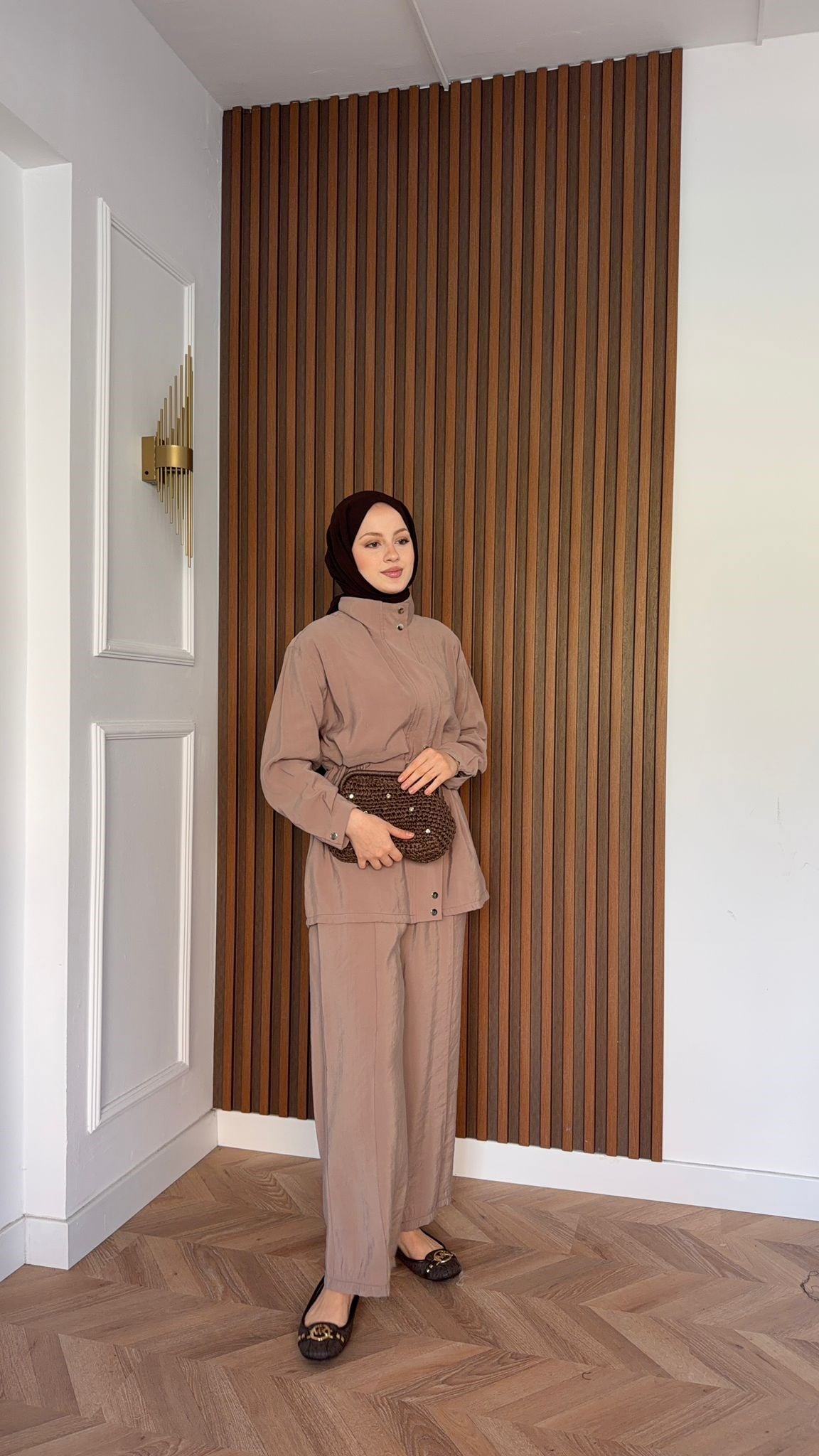 MEYSADESIGN PANTOLON TAKIM Çıtçıtlı Tensel  İkili Takım Bej