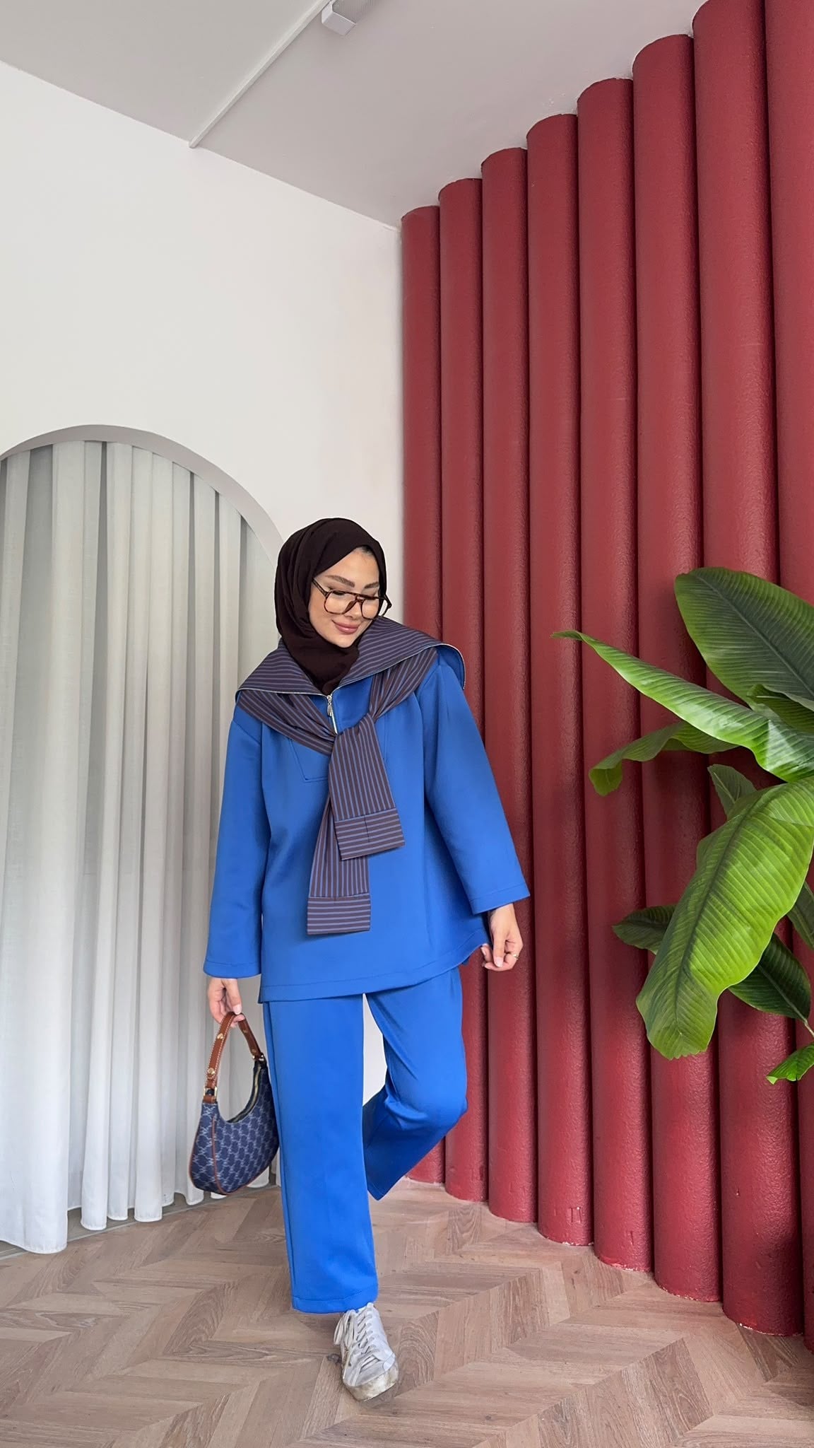 MEYSADESIGN PANTOLON TAKIM Çizgili Gömlek Detaylı Scuba Takım Saks