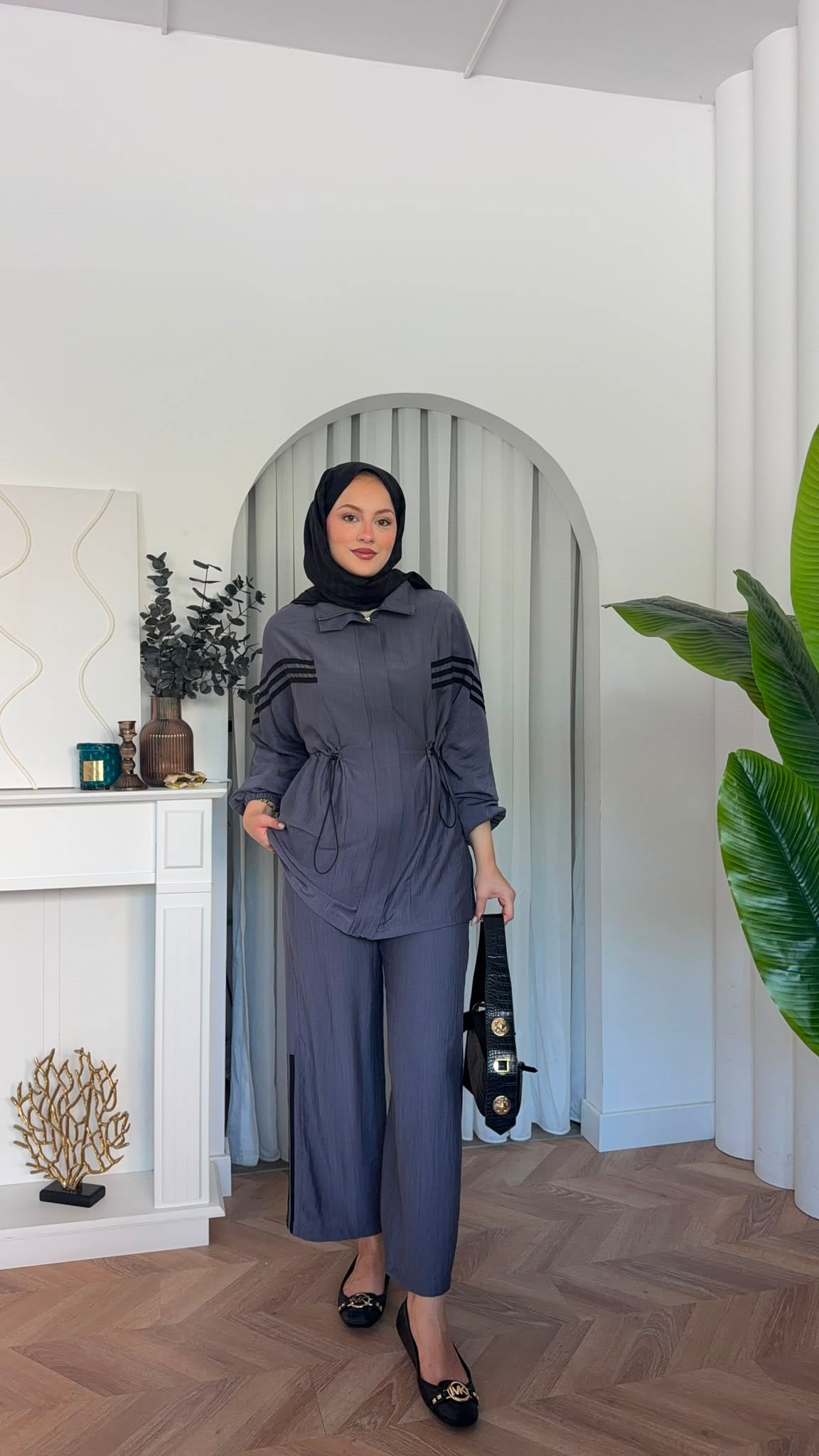MEYSADESIGN PANTOLON TAKIM Çizgili Sport İkili Takım Gri