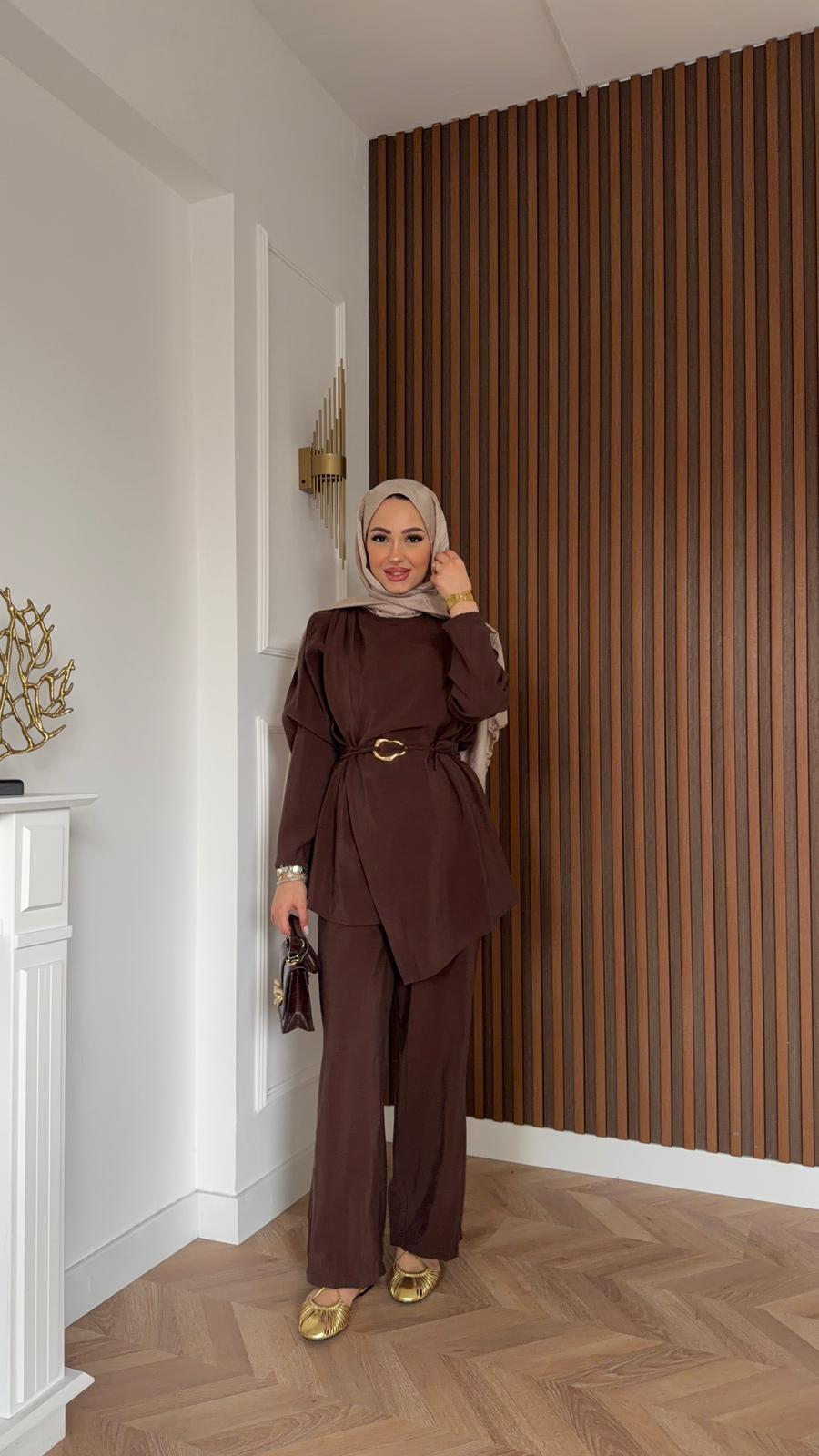 MEYSADESIGN TROUSER SETS Defne Tensel İkili Takım Acı Kahve