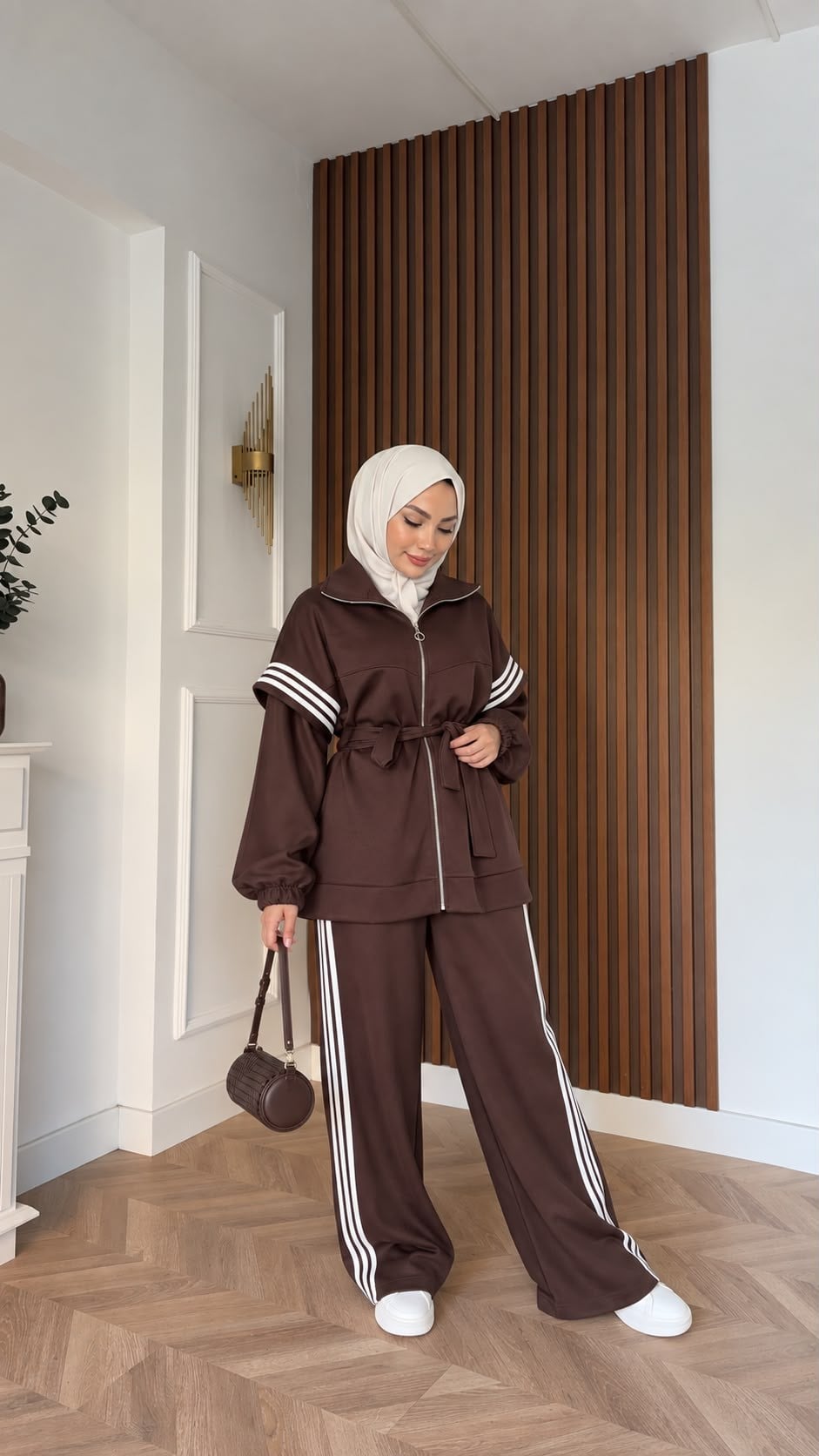MEYSADESIGN PANTOLON TAKIM Dima Çizgili Eşofman Takımı Acı Kahve