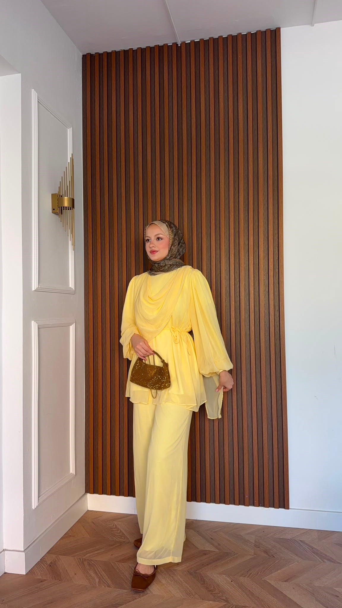 MEYSADESIGN PANTOLON TAKIM Drape Detaylı Şifon Takım Sarı