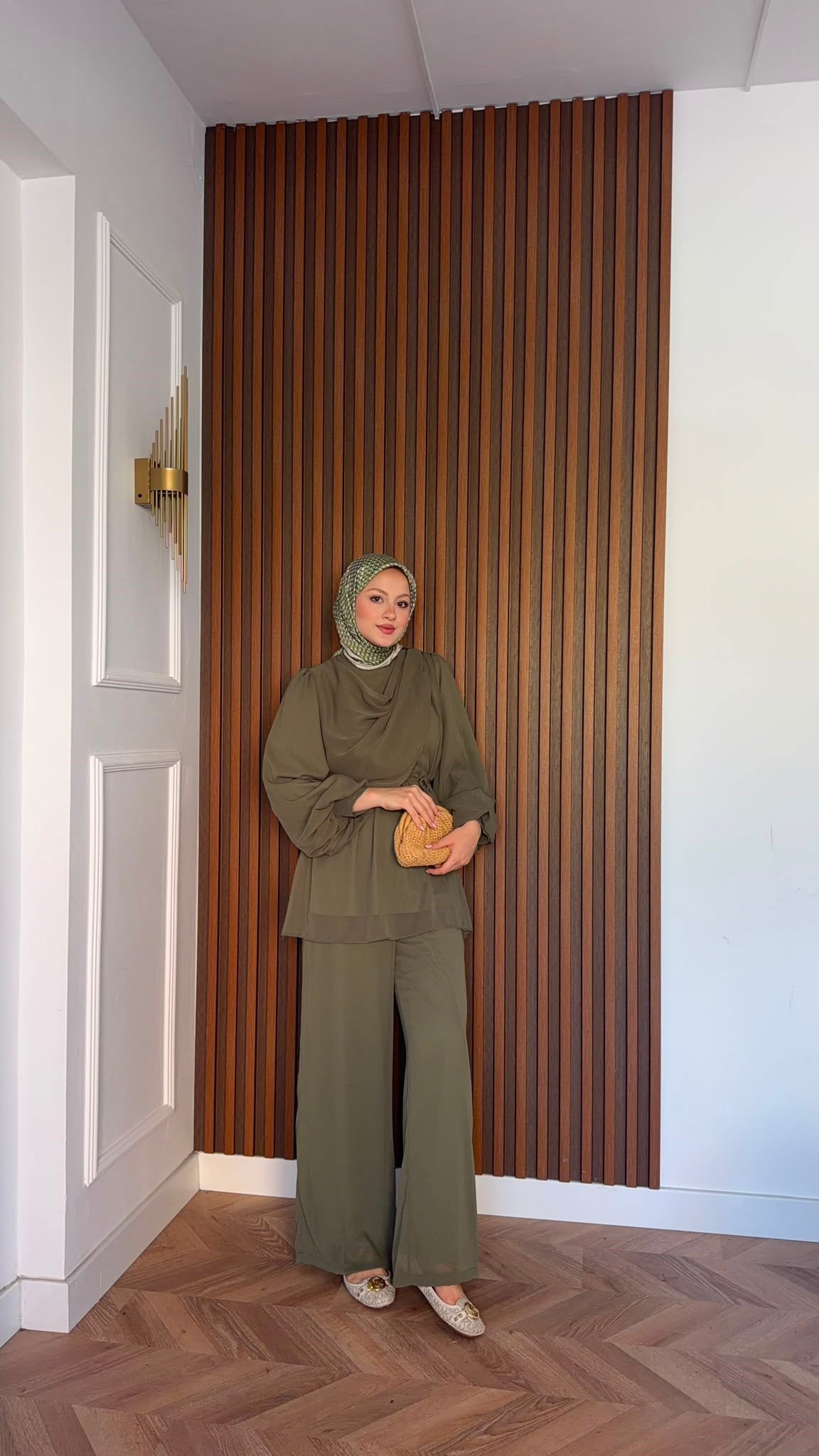 MEYSADESIGN PANTOLON TAKIM Drape Detaylı Şifon Takım Haki