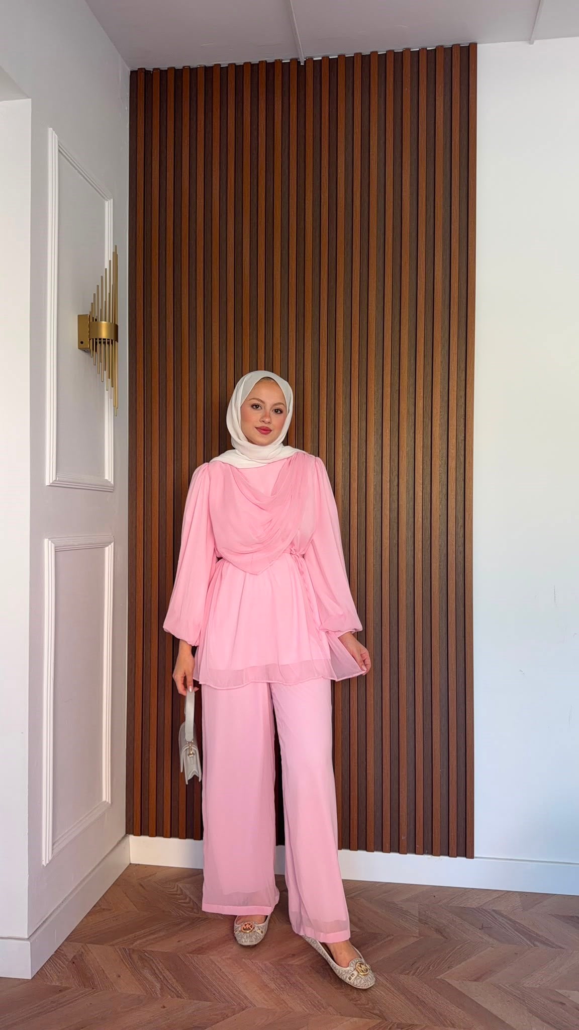 MEYSADESIGN PANTOLON TAKIM Drape Detaylı Şifon Takım Pudra