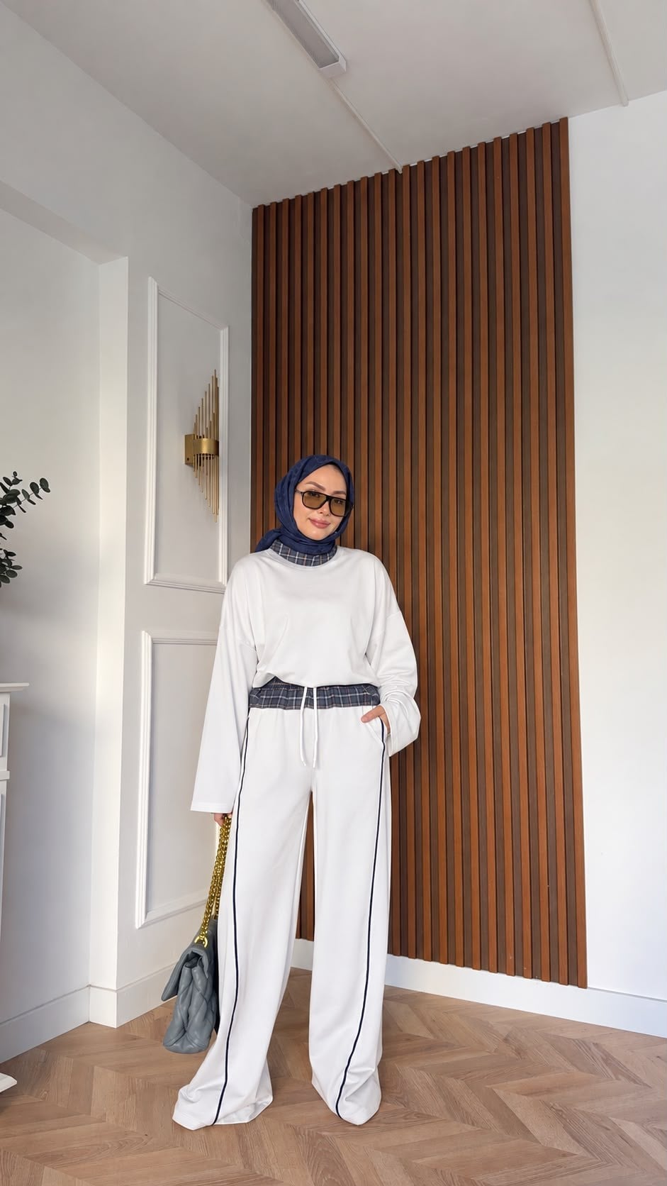 MEYSADESIGN PANTOLON TAKIM Ekose Detaylı İkili Takım Beyaz