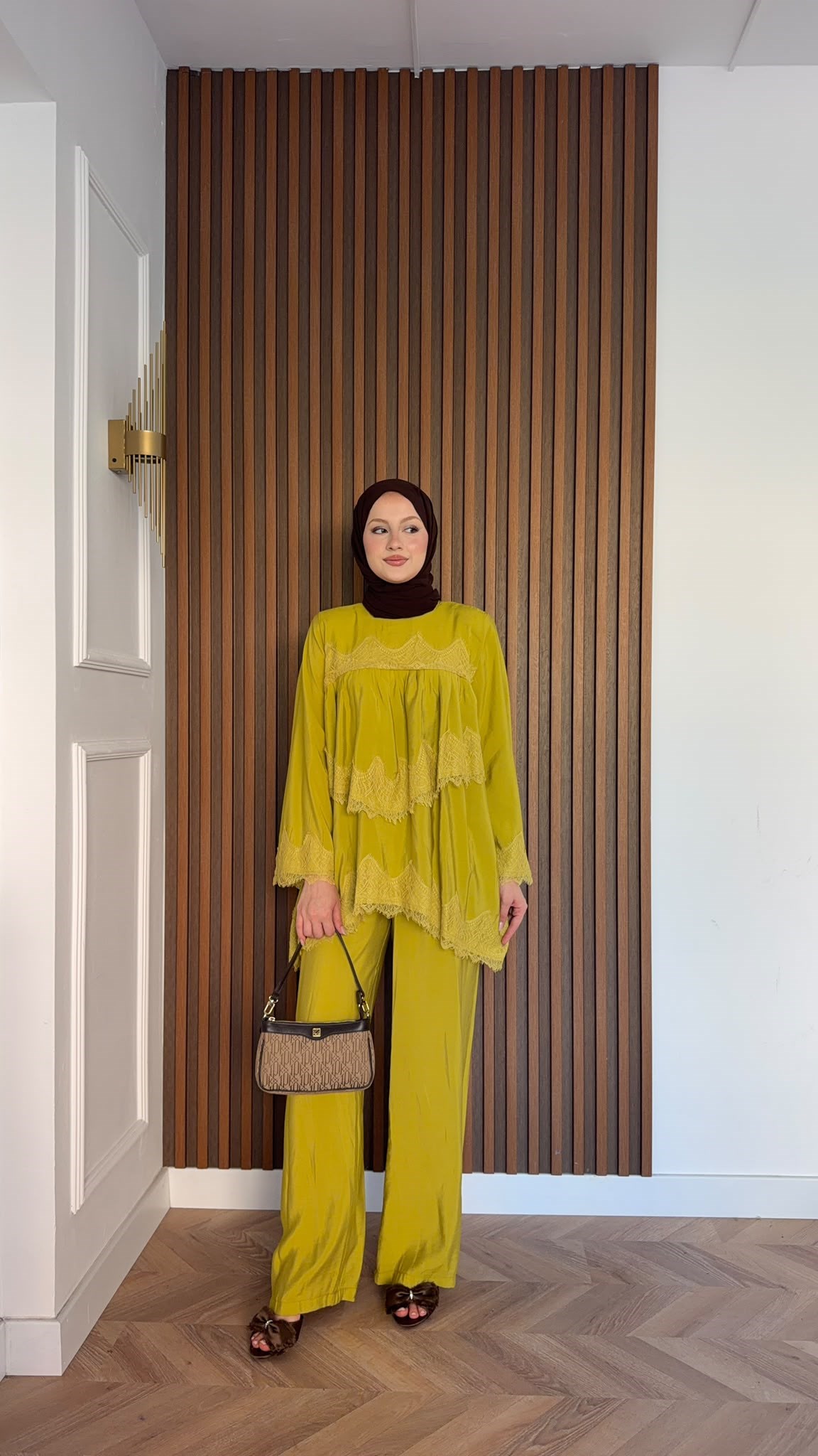 MEYSADESIGN PANTOLON TAKIM Elora Dantelli Tensel Takım Yağ Yeşili