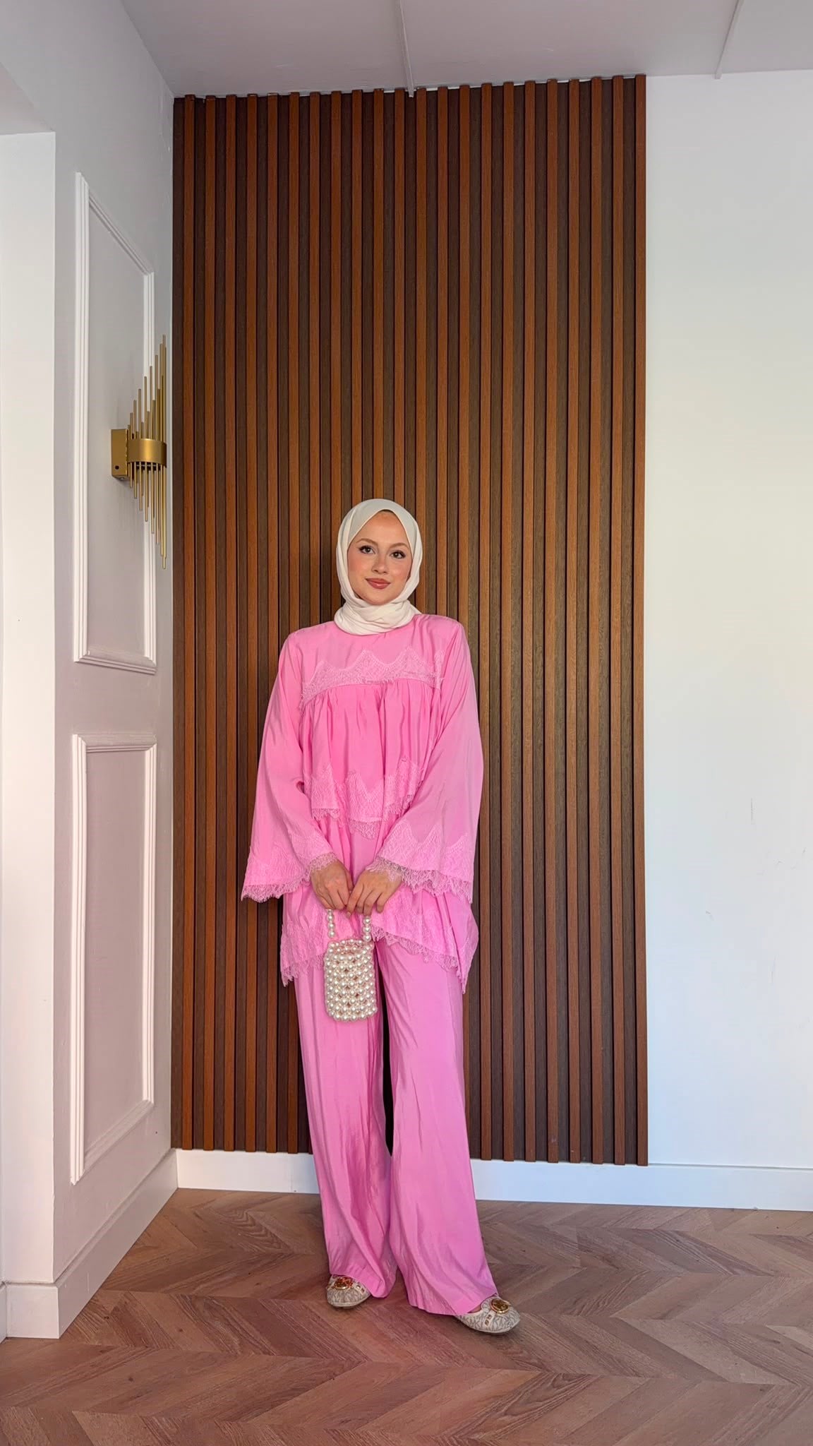 MEYSADESIGN PANTOLON TAKIM Elora Dantelli Tensel Takım Pembe