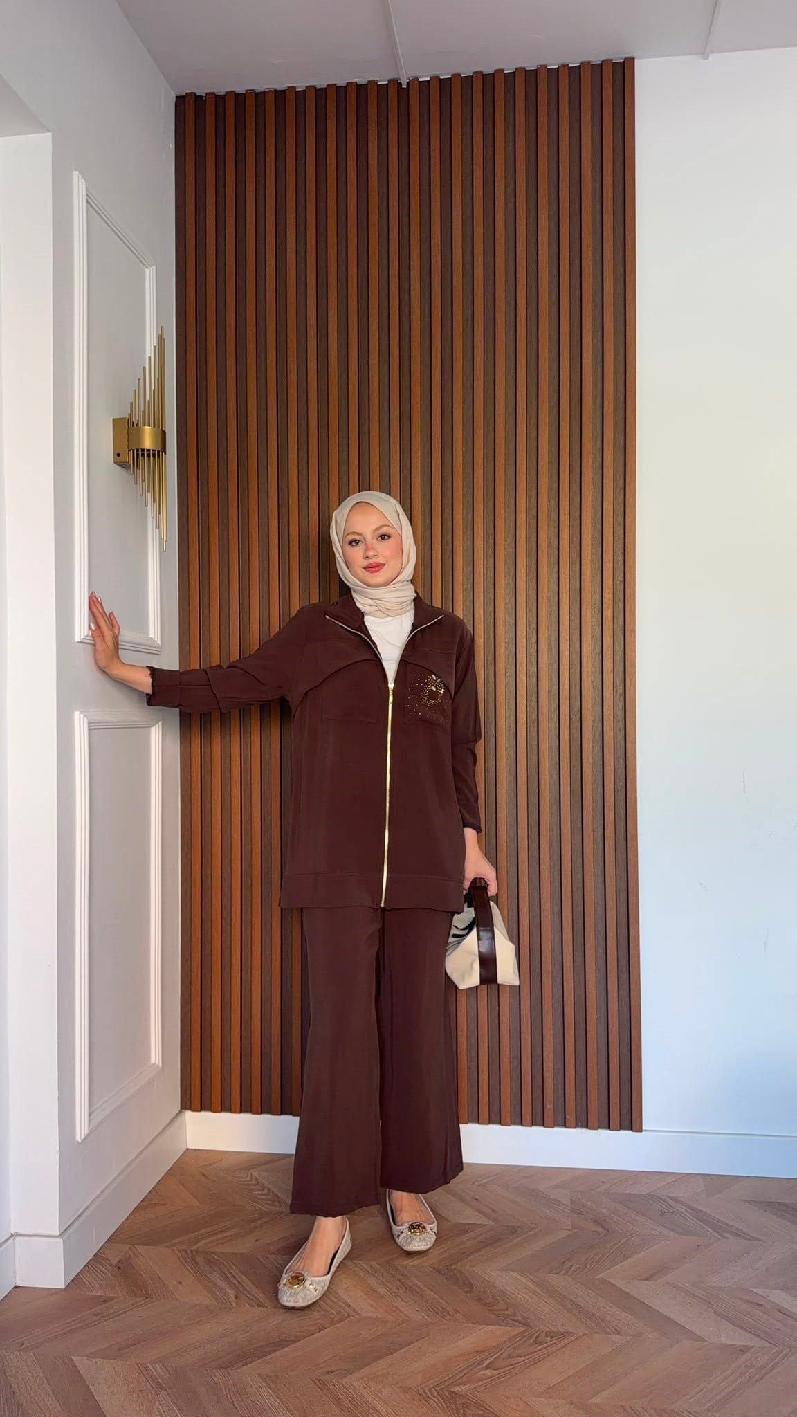 MEYSADESIGN PANTOLON TAKIM Gold Taş Baskılı Tensel İkili Takım Acı Kahve