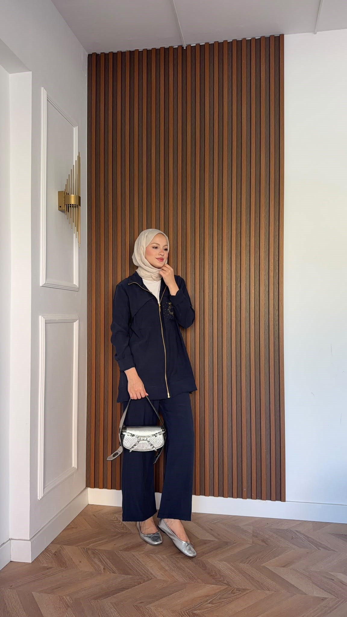 MEYSADESIGN PANTOLON TAKIM Gold Taş Baskılı Tensel İkili Takım Lacivert