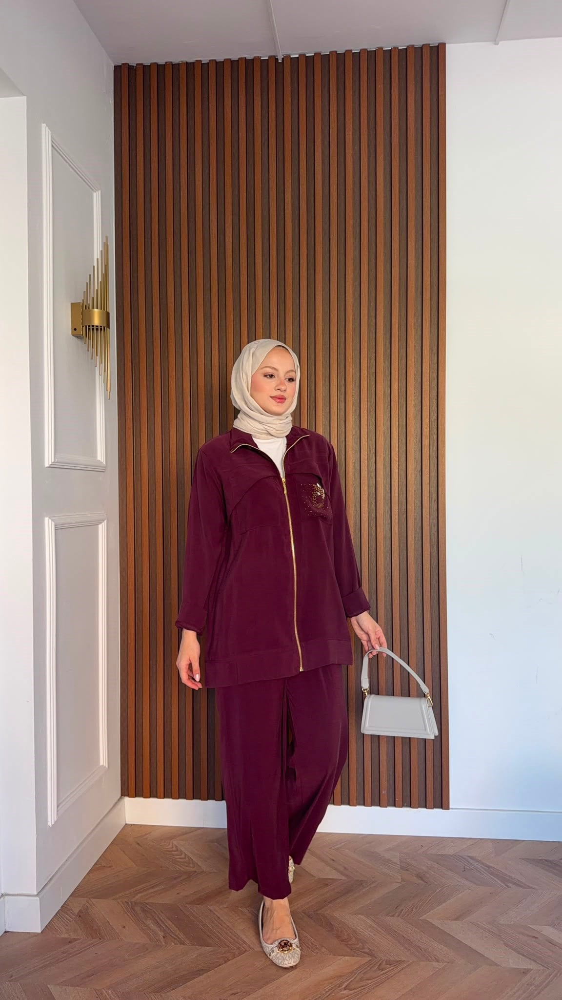 MEYSADESIGN PANTOLON TAKIM Gold Taş Baskılı Tensel İkili Takım Bordo