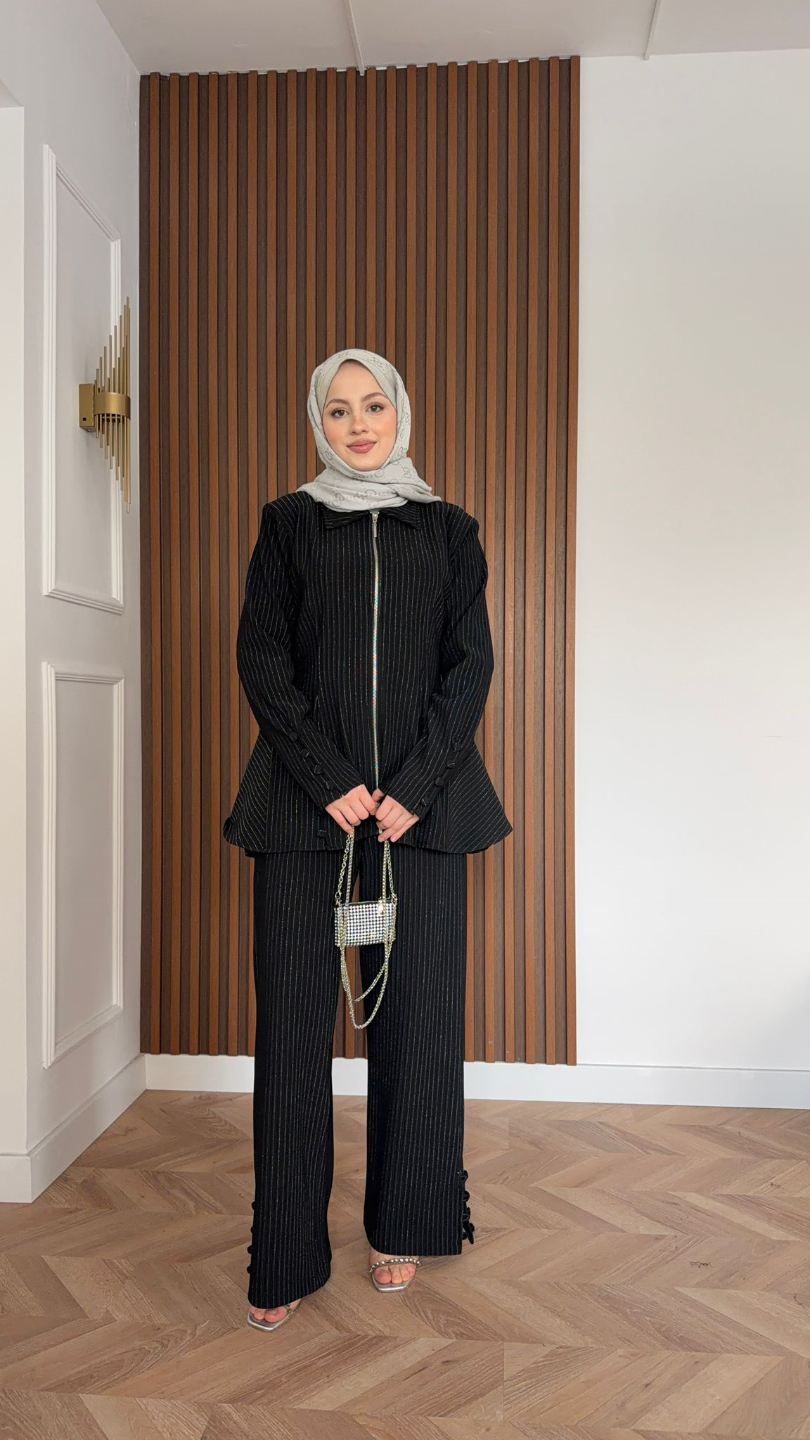 MEYSADESIGN TROUSER SETS İkon Simli Pens Detaylı İkili Takım Siyah