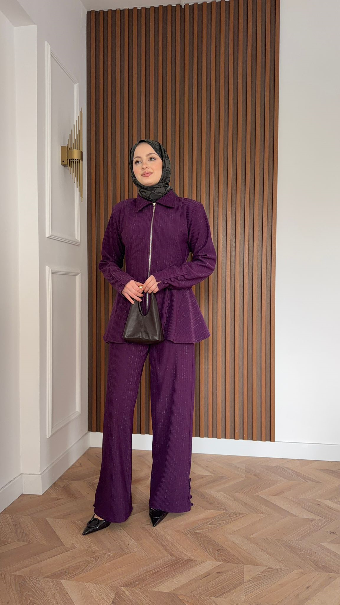 MEYSADESIGN PANTOLON TAKIM İkon Simli Pens Detaylı İkili Takım Burgonya