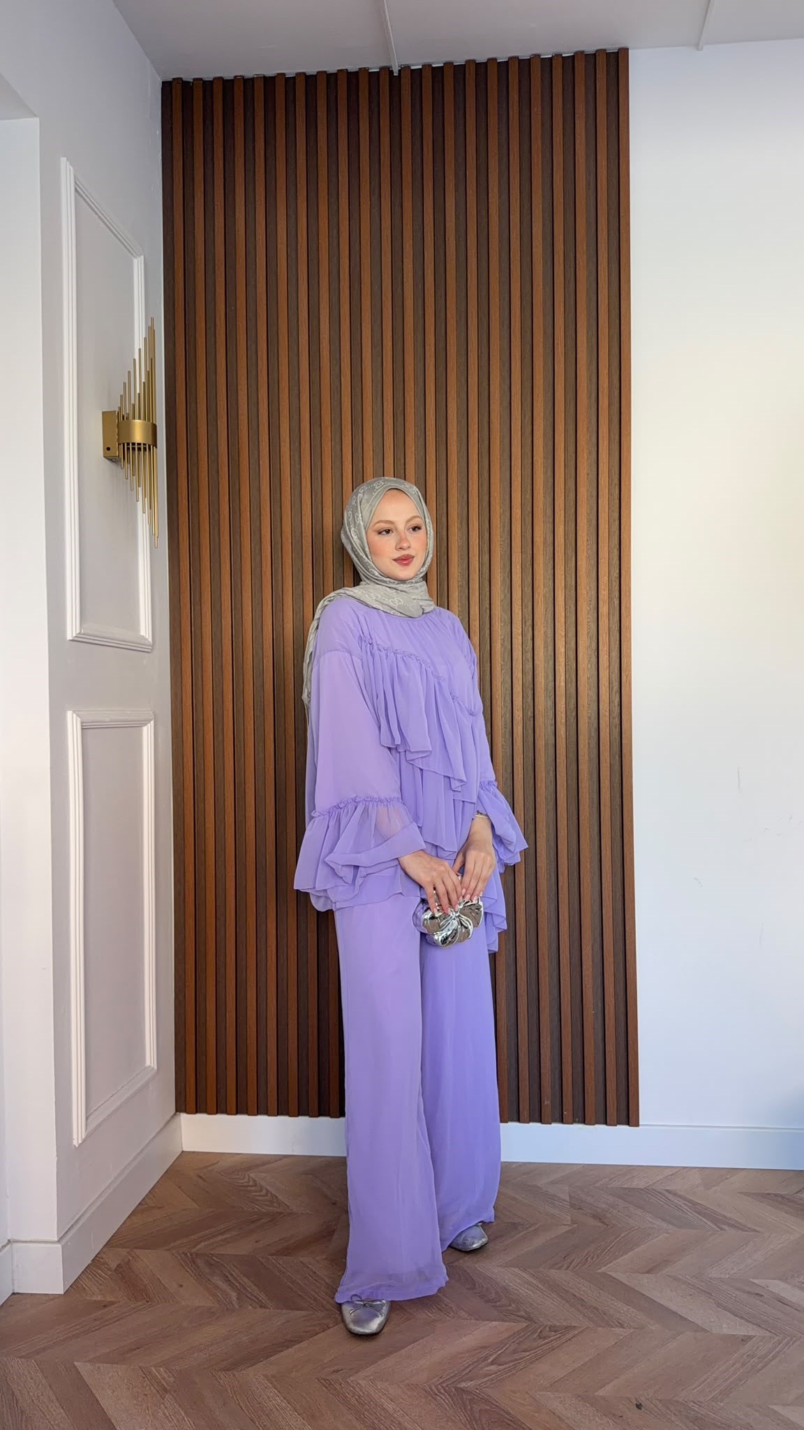 MEYSADESIGN PANTOLON TAKIM Katkat Şifon Takım Lila