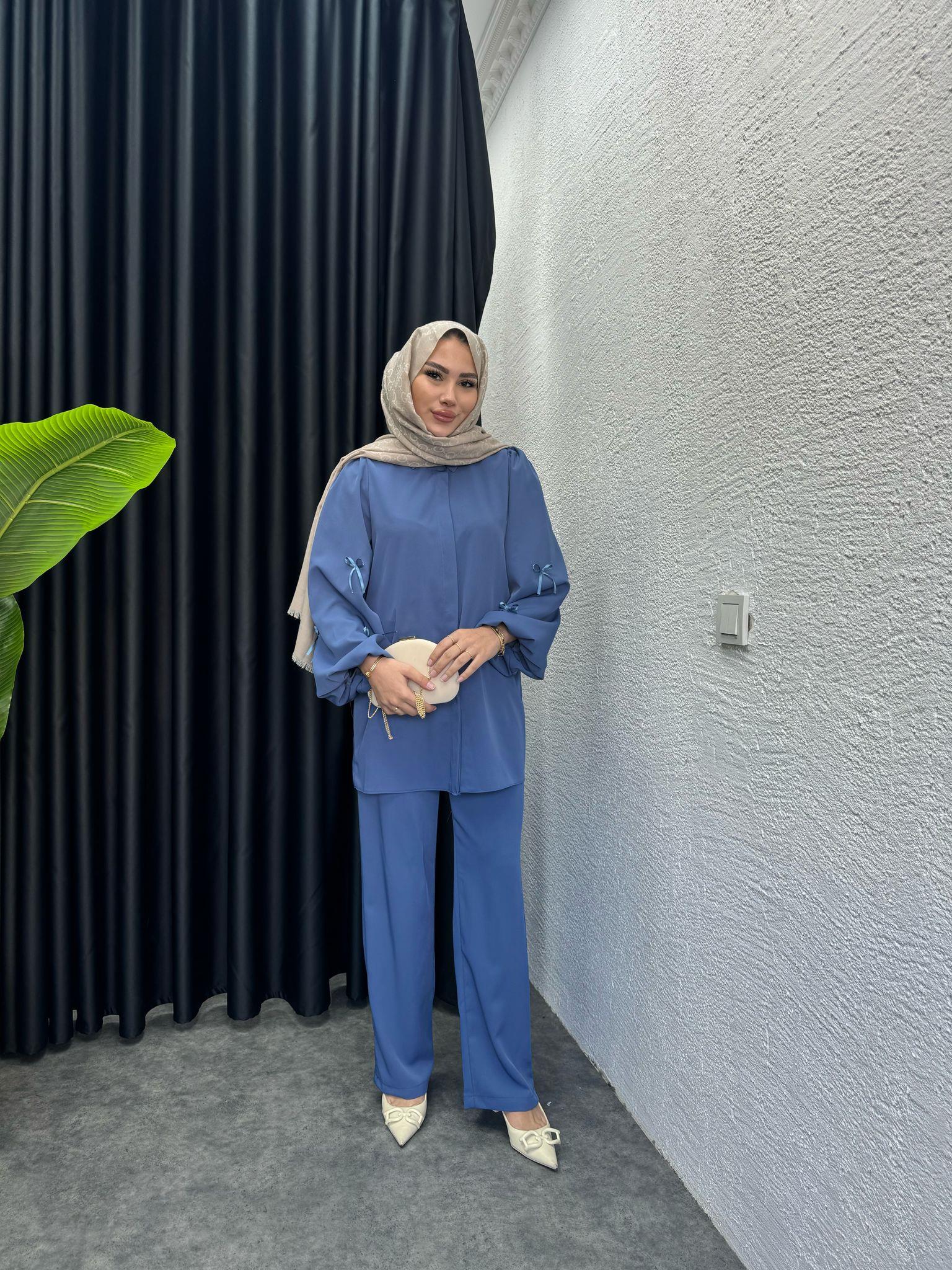 MEYSADESIGN PANTOLON TAKIM Mini Fiyonk Detaylı Dubai Krep Pantolonlu Takım İndigo Mavisi