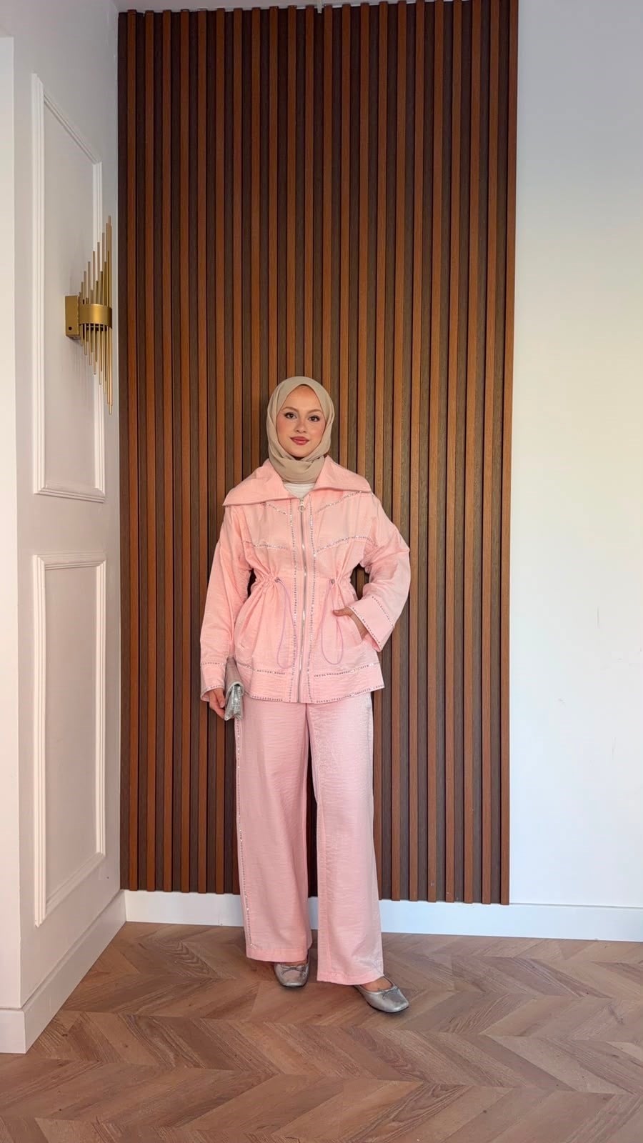 MEYSADESIGN PANTOLON TAKIM Moe Taşlı Jakarlı Takım Pudra