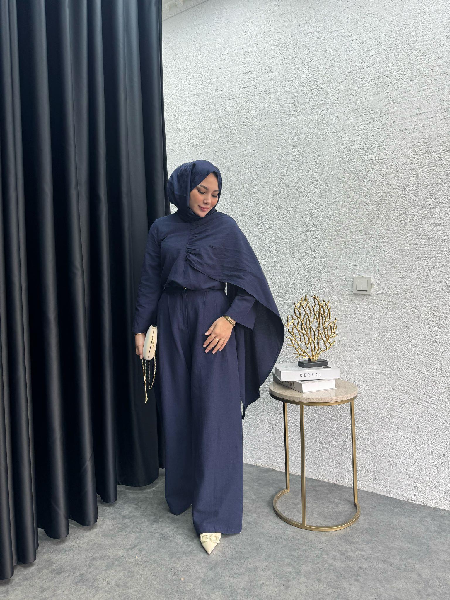 Premium Cape Detail Linen 2-Piece Set Navy