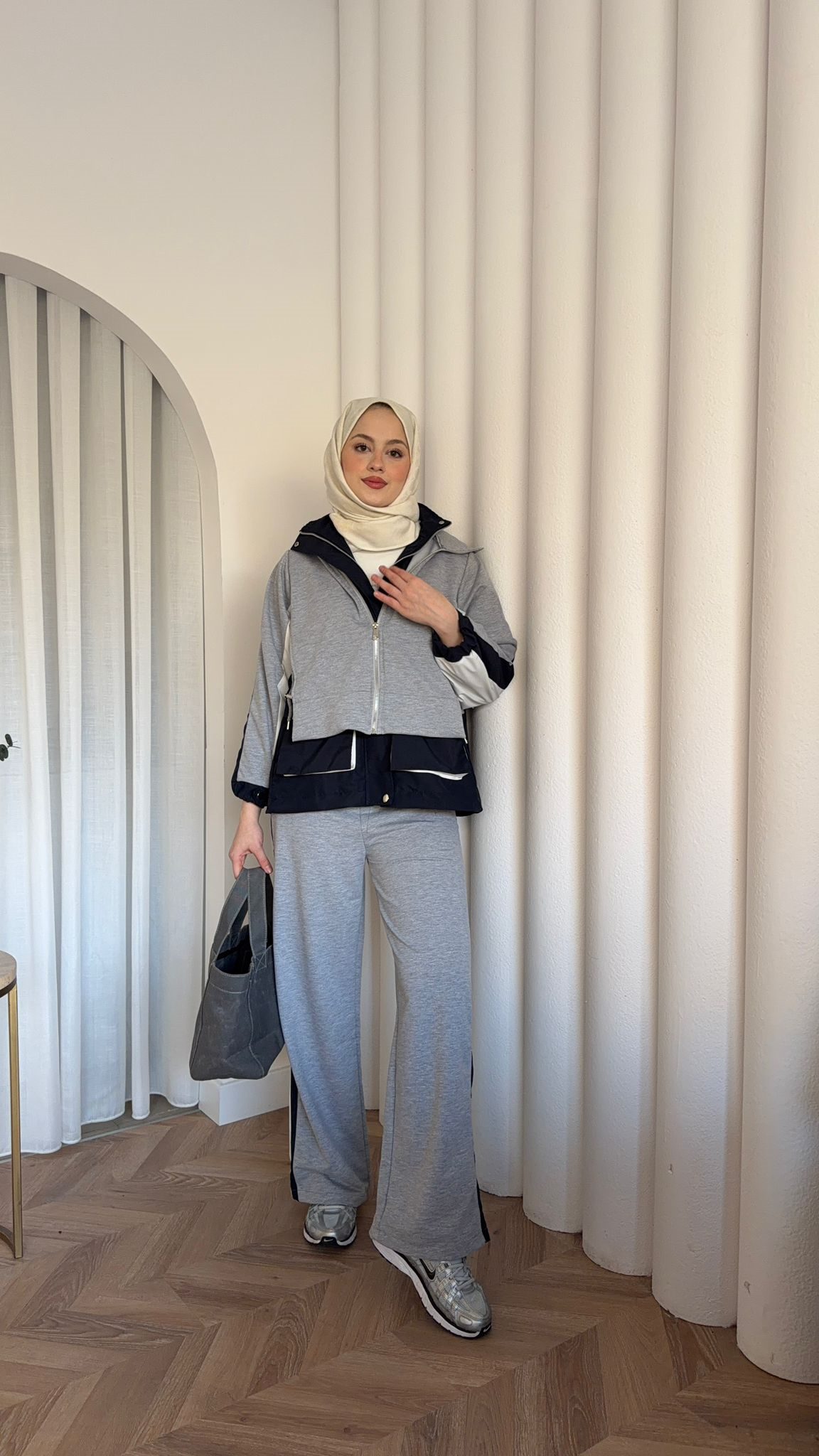 MEYSADESIGN PANTOLON TAKIM Puli Parçalı Spor Takım Gri